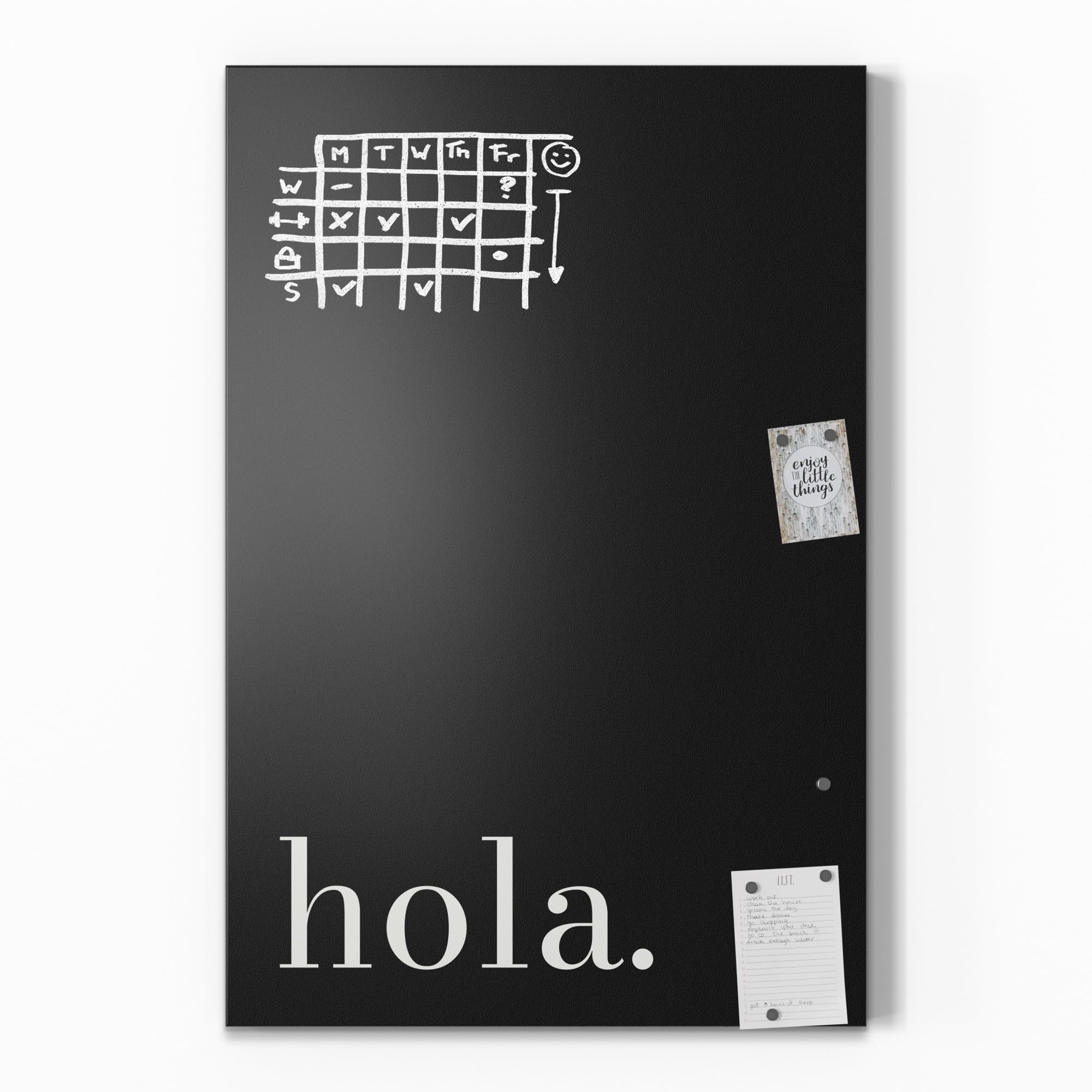 DEQORI Magnetische Kreidetafel mit UV-Druck | Motiv Hola - Schriftzug | Design rechteckig 60x90 cm | Kreide Metalltafel beschreibbar – Wanddeko für Küche, Flur, Kinderzimmer & Büro