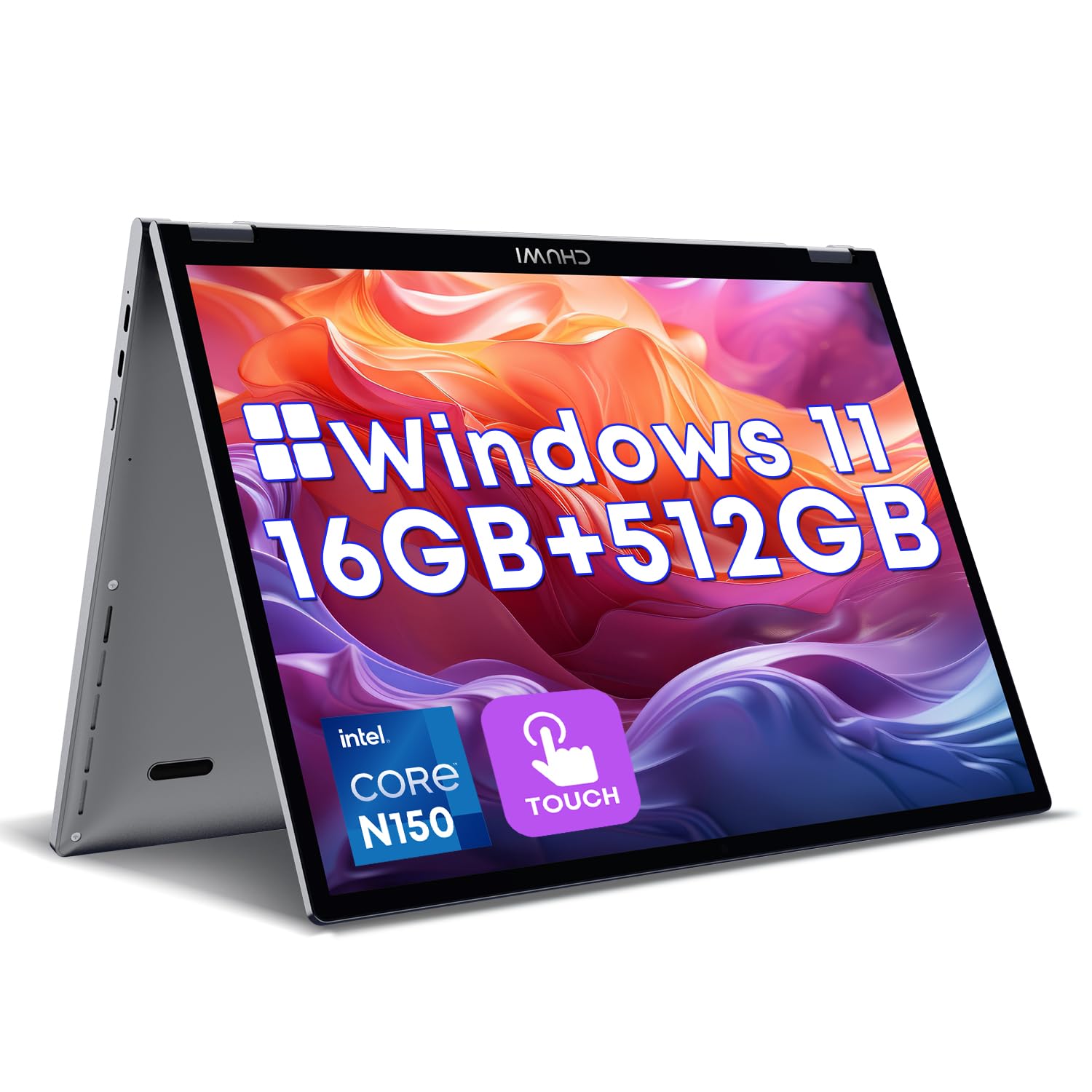 CHUWI MiniBook X 2-in-1 Laptop, Intel N150(3.6GHz,12W), 512GB SSD 16GB RAM, 10.51" Windows 11 Convertible Laptops, 2TB SSD Expand, 2K FHD IPS Touchscreen, Backlit Keyboard, WiFi 6, BT5.2, Fan