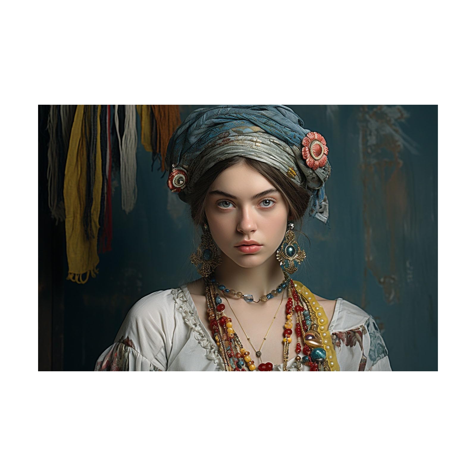 TERUEA Abstract Girl Painting Prints Woman Canvas Pictures Woman with Colorful Jewelry and Blue Turban Portrait Retro Painting Bathroom Wall Decor,(Blue)-30x45cm Unframed