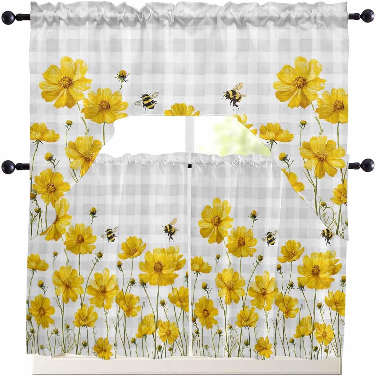Bee Flower Kitchen Swag Valance and Tier Curtains Set - 24 Inch Length, Rod Pocket Drape Panels Pair for Bathroom/Cafe/Window - Yellow Floral Spring Botanical Plant Plaid Grey