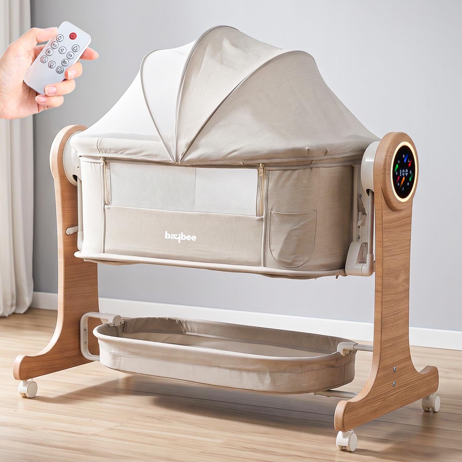 BAYBEE 3-in-1 Electric Wooden Cradle for Newborn Baby | Baby Bassinet, Cribs & Cots with 5 Speed Automatic Swing & 3 Height Adjustable | Bedside Crib for Baby with Remote, Touch Panel, Music & Storage