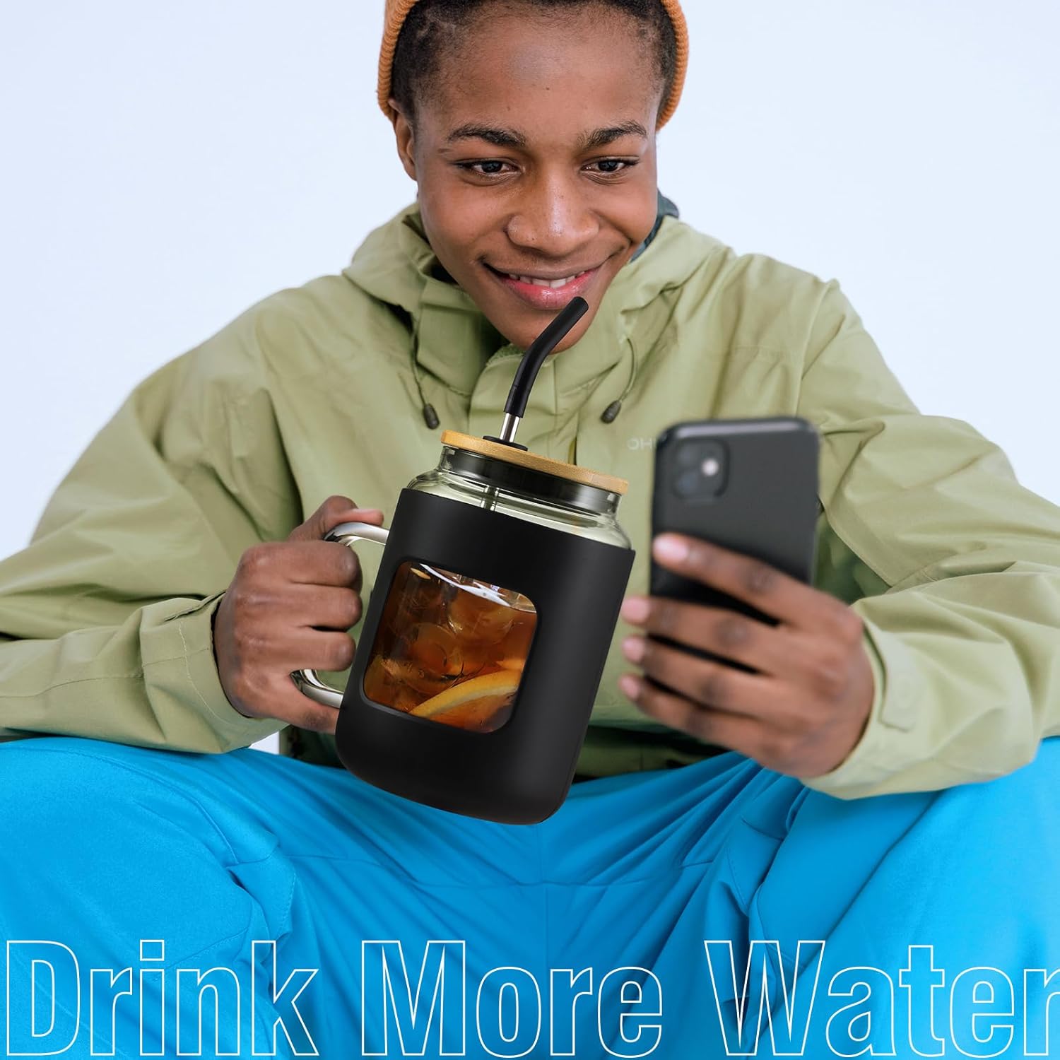 50 oz Glass Water Bottles with Silicone Sleeve,Glass Tumbler with Lid and Straw,Iced Coffee Cup with Handle,BPA Free-Black - Image 7