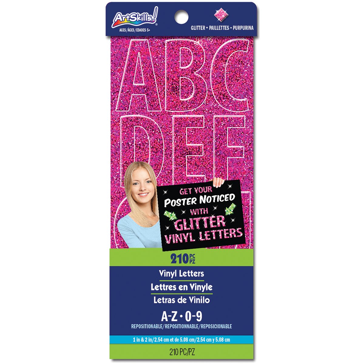 Artskills PA-1985 Glitter Vinyl Letters, 1 and 2-Inch Assortment, Pink