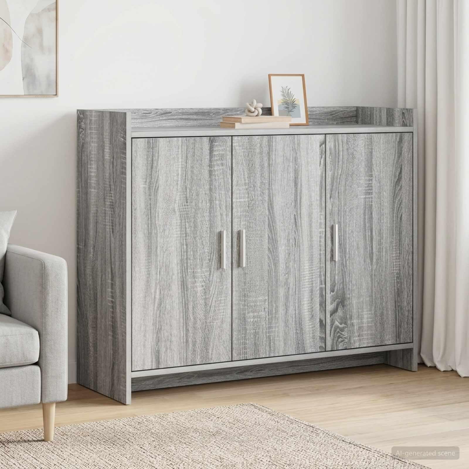 Aparador gris Sonoma con 3 puertas para ordenar el salón y comedor con un diseño moderno y compacto
