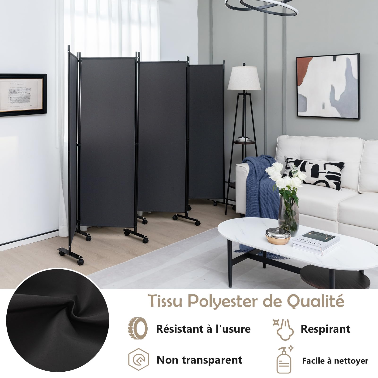 GOPLUS Paravent Pliable 6 Panneaux avec Roues, Brise Vue Intérieure et Extérieure avec Support en Métal,Paravent de Chambre Retractable 334,5x172CM, pour Salon, Chambre, Hôpital(Gris)