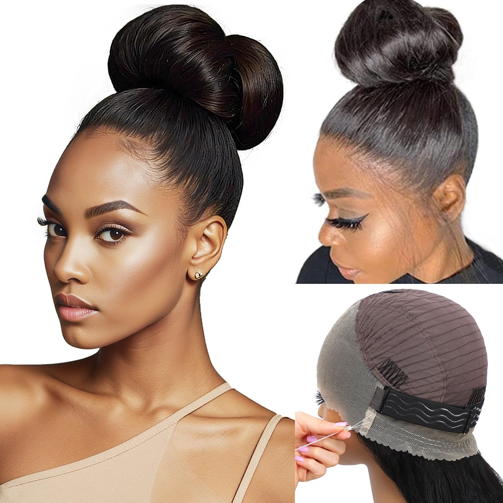 16 pouces Hidden Straps Perruque Cheveux Humain 360 Full Lace Front Human Hair Wig With Drawstring，Invisible Strap 200% Densité Straight Perruque Femme Naturelle Black With Baby Hair (41cm)