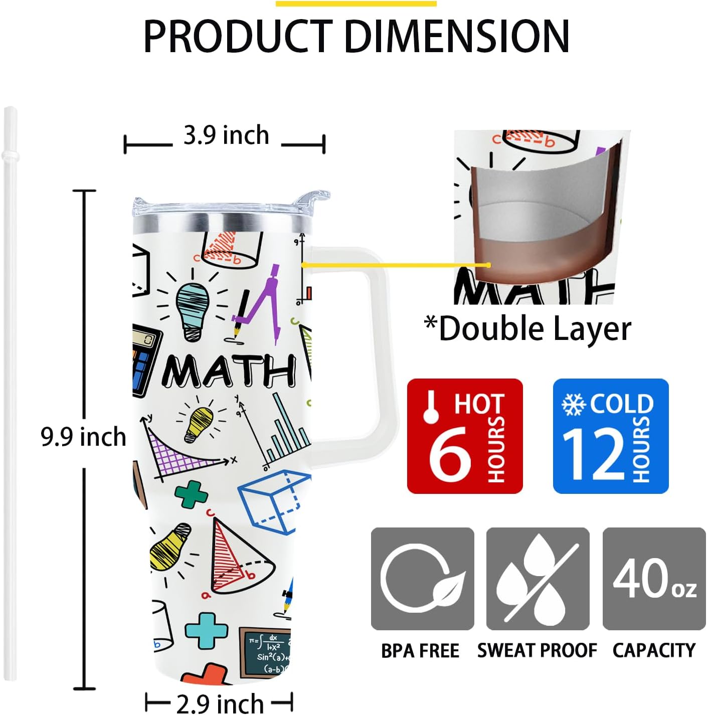 Math Teacher Gifts Insulated Tumbler Cup - 40 Oz Travel Mug With Straw And Handle For Women & Men - Teachers Appreciation Gift - Image 4