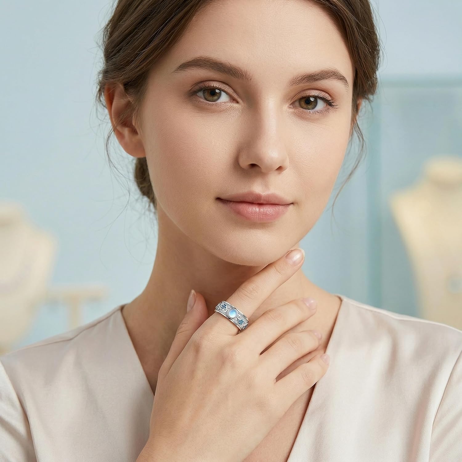 VONALA Flower Fidget Anxiety Rings for Women 925 Sterling Silver Lotus Moonstone Worry Ring Spinner Ring Anti Stress Mood Rings Gifts Band Wide 5-12#