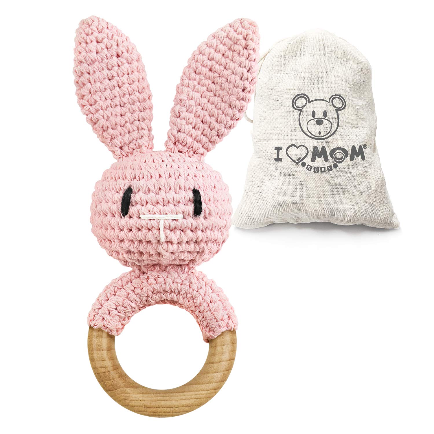 ARTESTAR Sonajero de Madera para Bebé, Juguete Mordedor Hecho a Mano con Forma de Conejo, Sonajero para Bebé, Sonajero de Madera, Regalo para Nacimiento, Niña y Niño (Conejo Rosa)