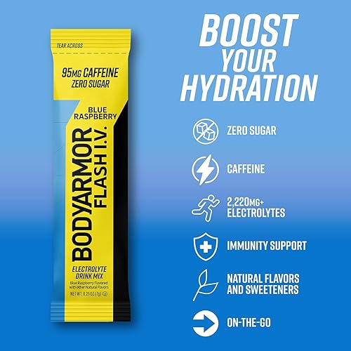 Vista 11 de BODYARMOR Flash IV Paquetes de electrolitos sin azúcar para mezcla de bebida, de una sola porción, agua de coco en polvo, fresa kiwi (6 unidades)