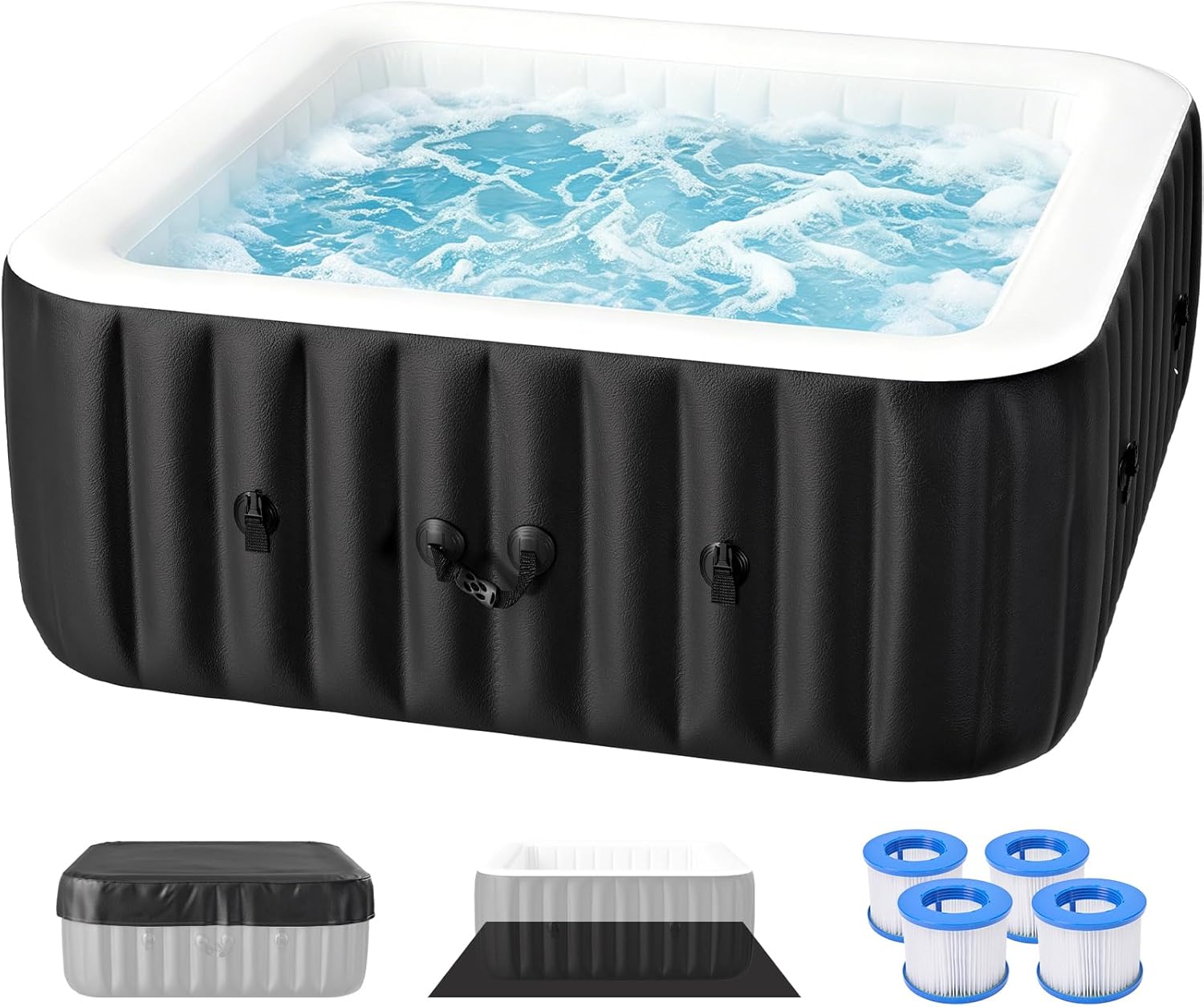 Glonerle 2-4 Person Inflatable Hot Tub, Large Square Portable Blow up Hot Tub, Leak-Proof PVC Outdoor Spa with 120 Air Jets, Insulated Cover and Heater Pump, 60” X 60” X 25”