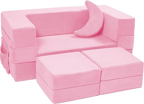 Sofá modular para niños, sillón de espuma para niños, sofá convertible de felpa para niños, sofá plegable (rosa)