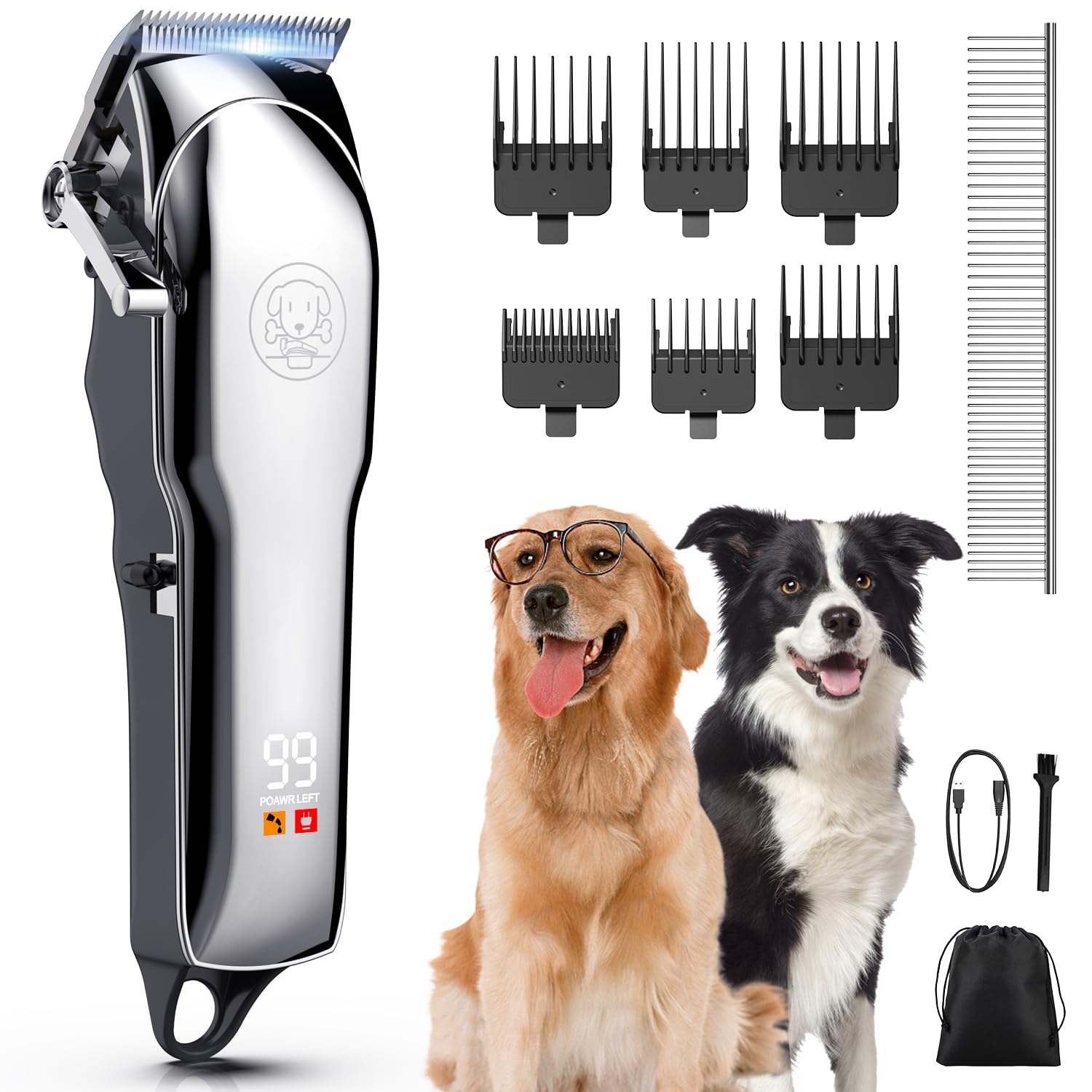 Kriogor Cortapelos Perros, Cortapelo sin Cable para Pelo Largo y Grueso, IPX7 Impermeable Recargable Cortapelo para Perros y Gatos