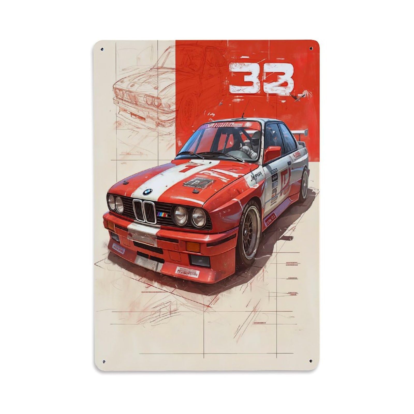 Classic Sport Car Art for E30 M3 Supercar Metal Tin Sign Plaque Wall Decor for Cafe, Club, Garden Metal Poster 8x12Inch