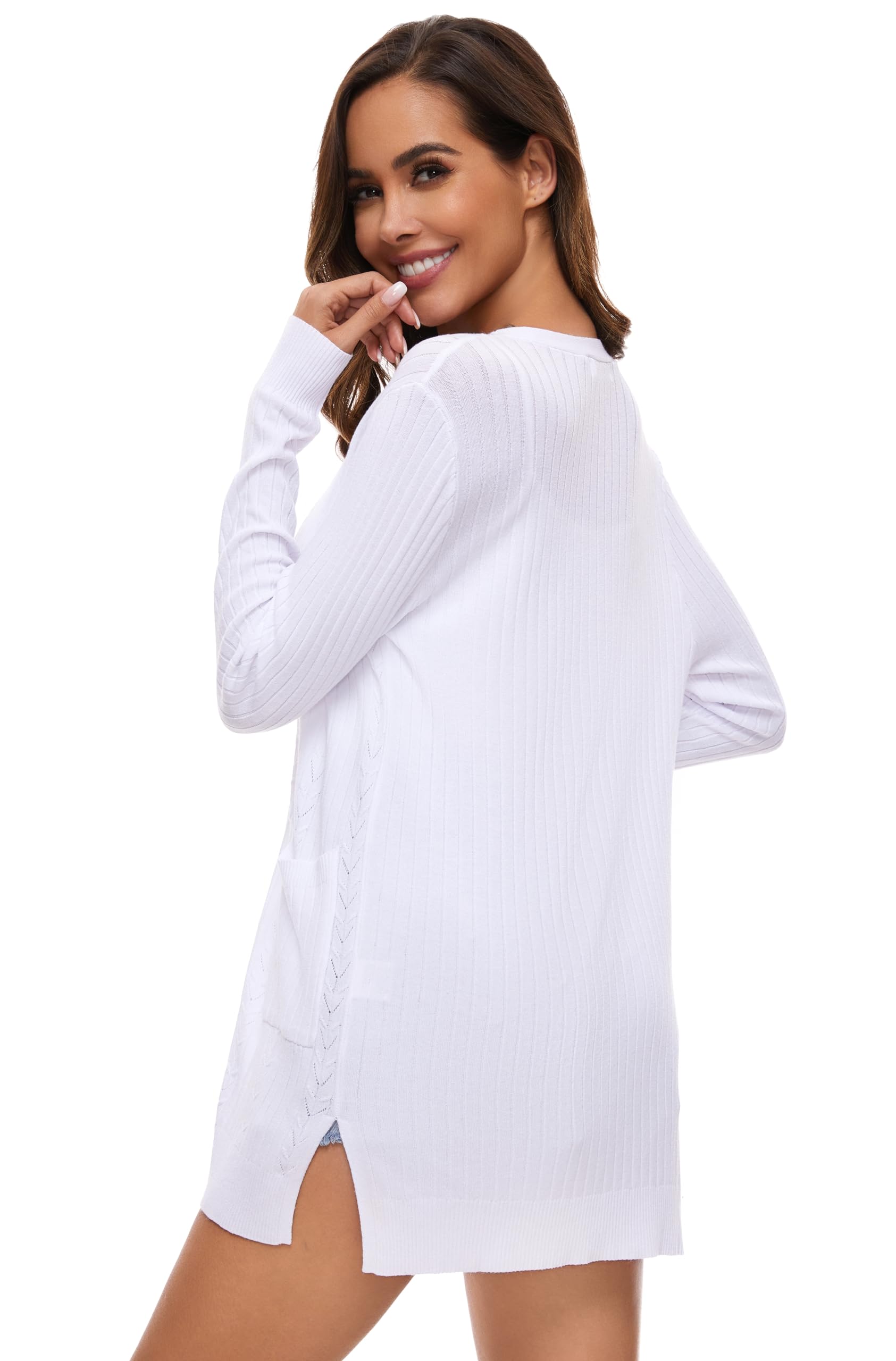 Gilet Long Femme Elegant Coton à Manches Longues Veste Tricot Léger Ouverte Devant été Cardigan