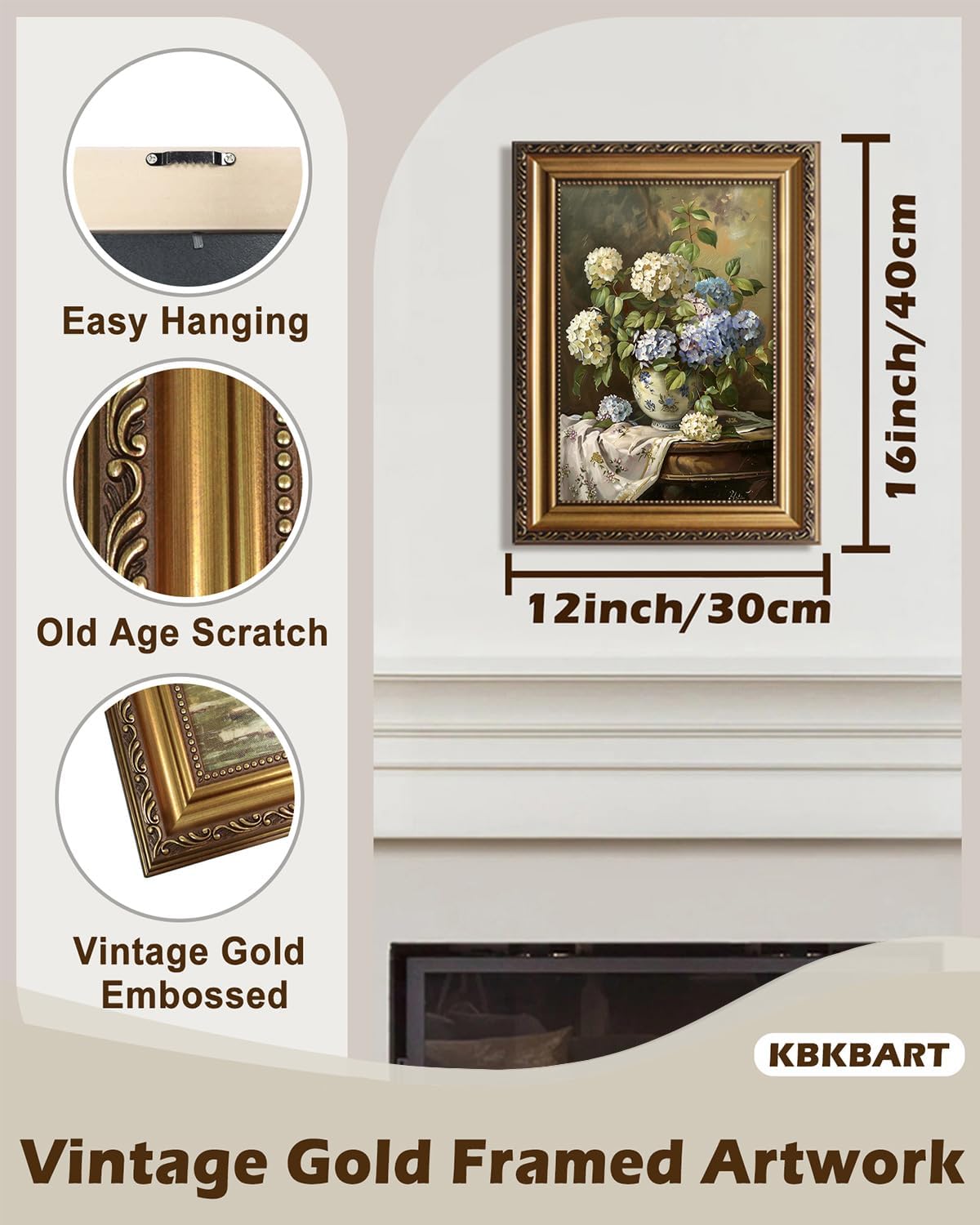 kbkbart vintage framed wall art for living room - moody blue and white hydrangeas flower canvas oil painting prints for wall decor, classical floral wall decor, antique botanical art print for bedroom bathroom wall pictures artwork, 12"x 16" blue hydrangeas 12"l x 16"w