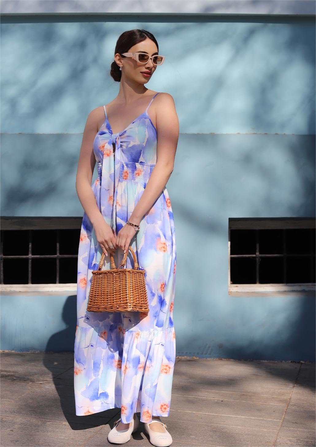 GRACE KARIN - Vestido largo de verano para mujer, floral, lazo frontal, tirantes delgados, casual, bohemio, playa, vestido de verano con bolsillos