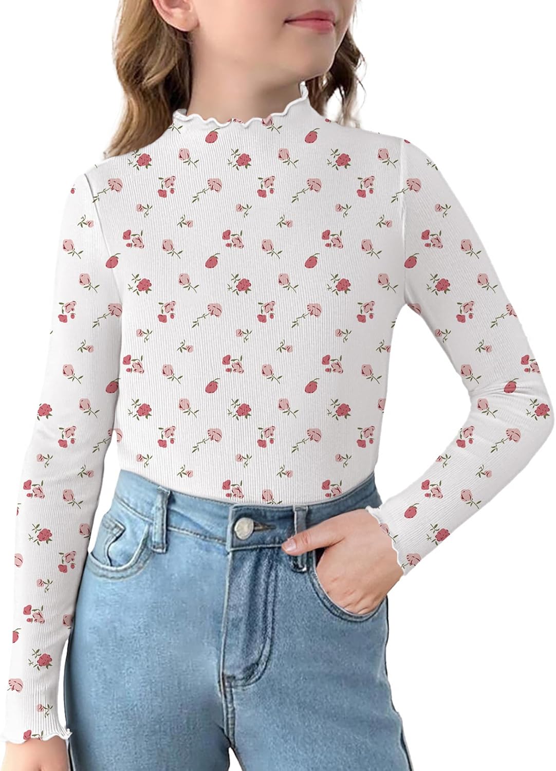 Arshiner Girls Lettuce Trim Mock Neck Long Sleeve Shirts Ribbed Layer Tops