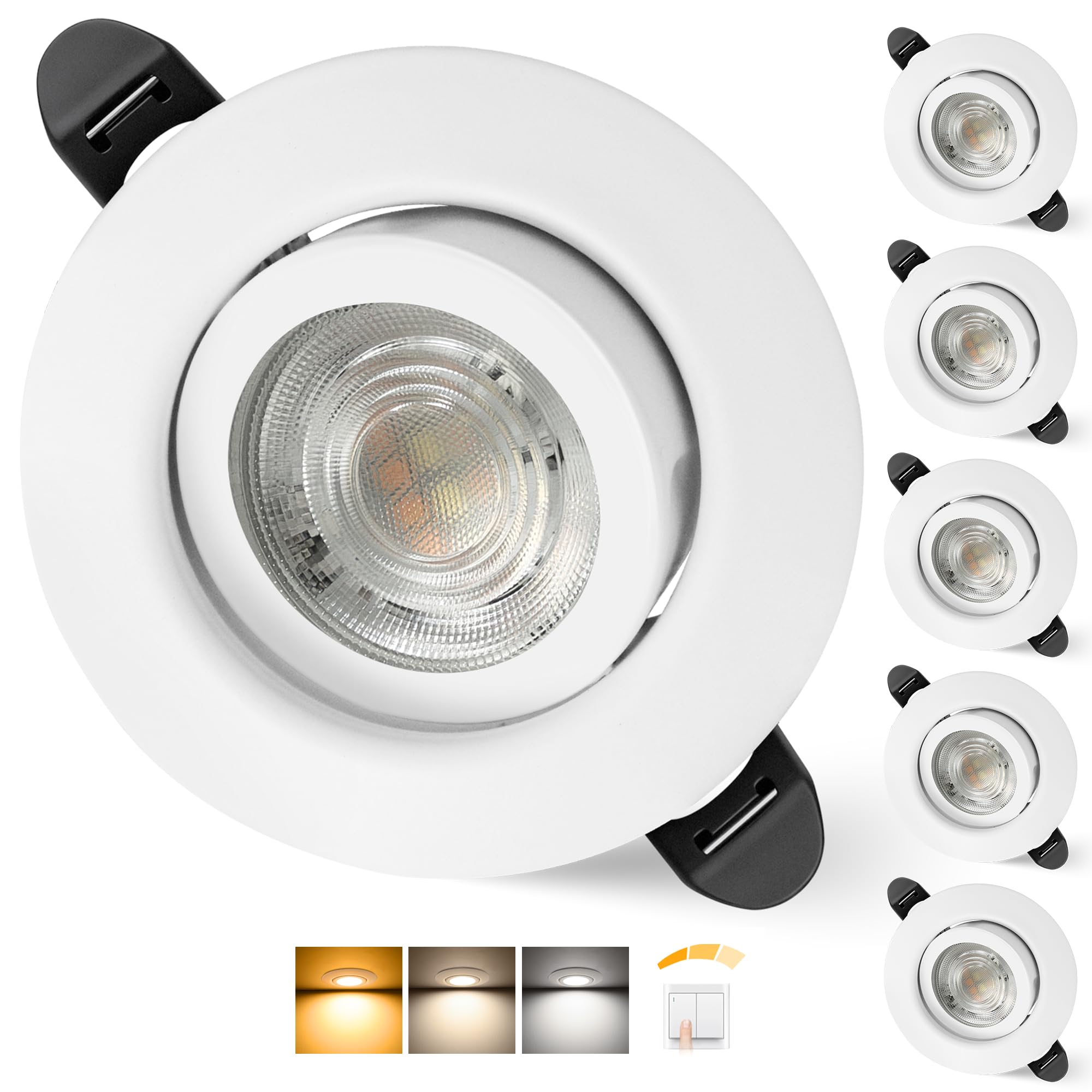 Aulaiyi LED Einbaustrahler 230V Dimmbar 68mm 5.5W IP44 LED Spots Ultra Flach Deckenspots 45° Schwenkbar Einbauleuchten Warmweiß Neutralweiß Kaltweiß Einbauspots für Bad Wohnzimmer, Weiß 6er Set