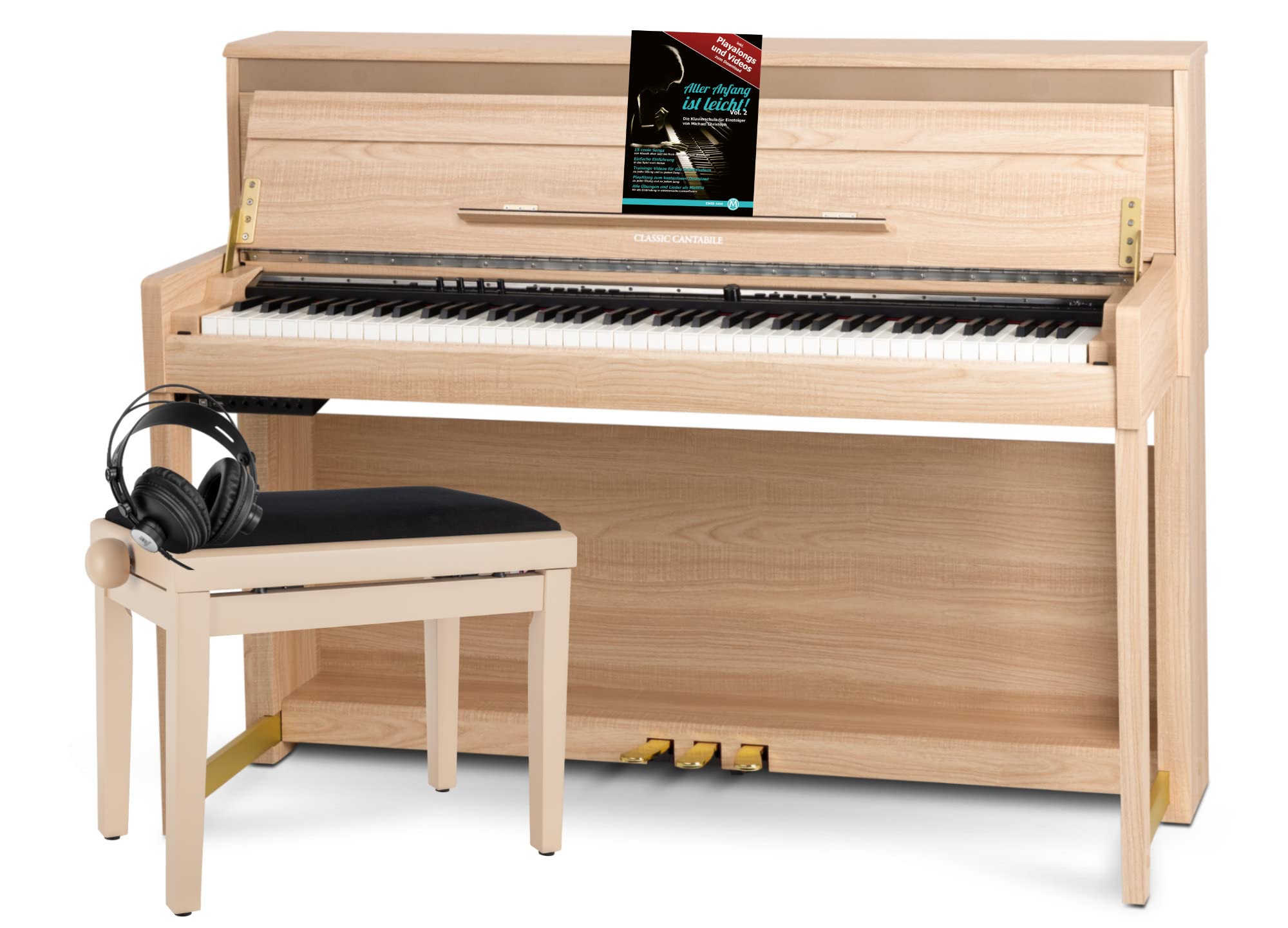 Classic Cantabile UP-1 LA Piano Vertical Digital - 88 Teclas con Peso - Teclado electronico con USB, MIDI, 40 voces, 256 polifonía - Organo musical Set con Banqueta y Auriculares - Roble Claro