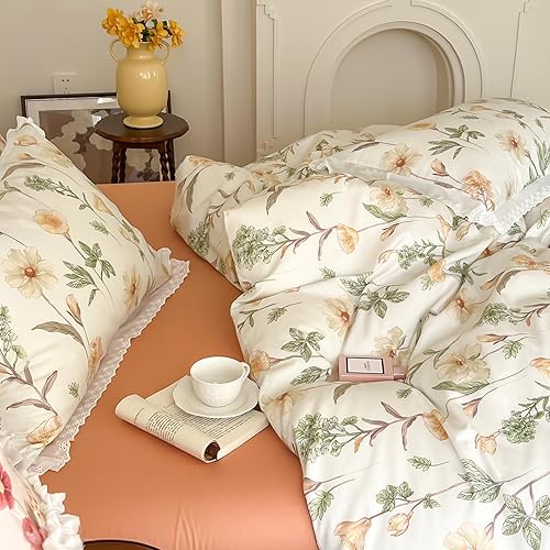 Miniatura 7 de OTOB Juego de funda de edredón floral, tamaño Queen, color beige, 100% algodón, con cierre de cremallera, 4 lazos para todas las estaciones, funda