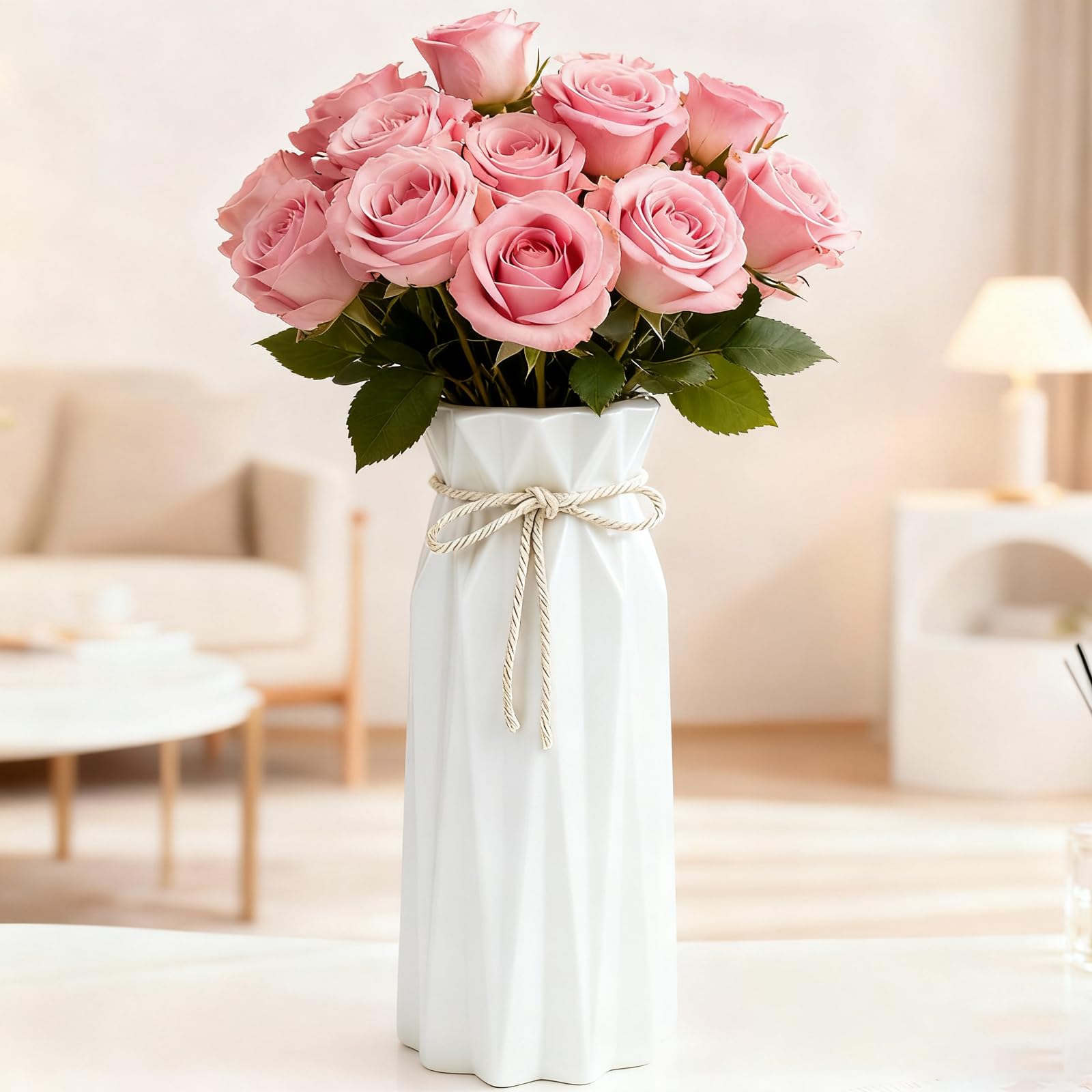 Ceramic Flower Vase Modern Home Decor Vases for Centerpieces White Minimalist Farmhouse 9.5" H x 3.9" W Cute Decorative Vases Flowers Tulip Pampas Grass Vase for Table Bathroom Shelf