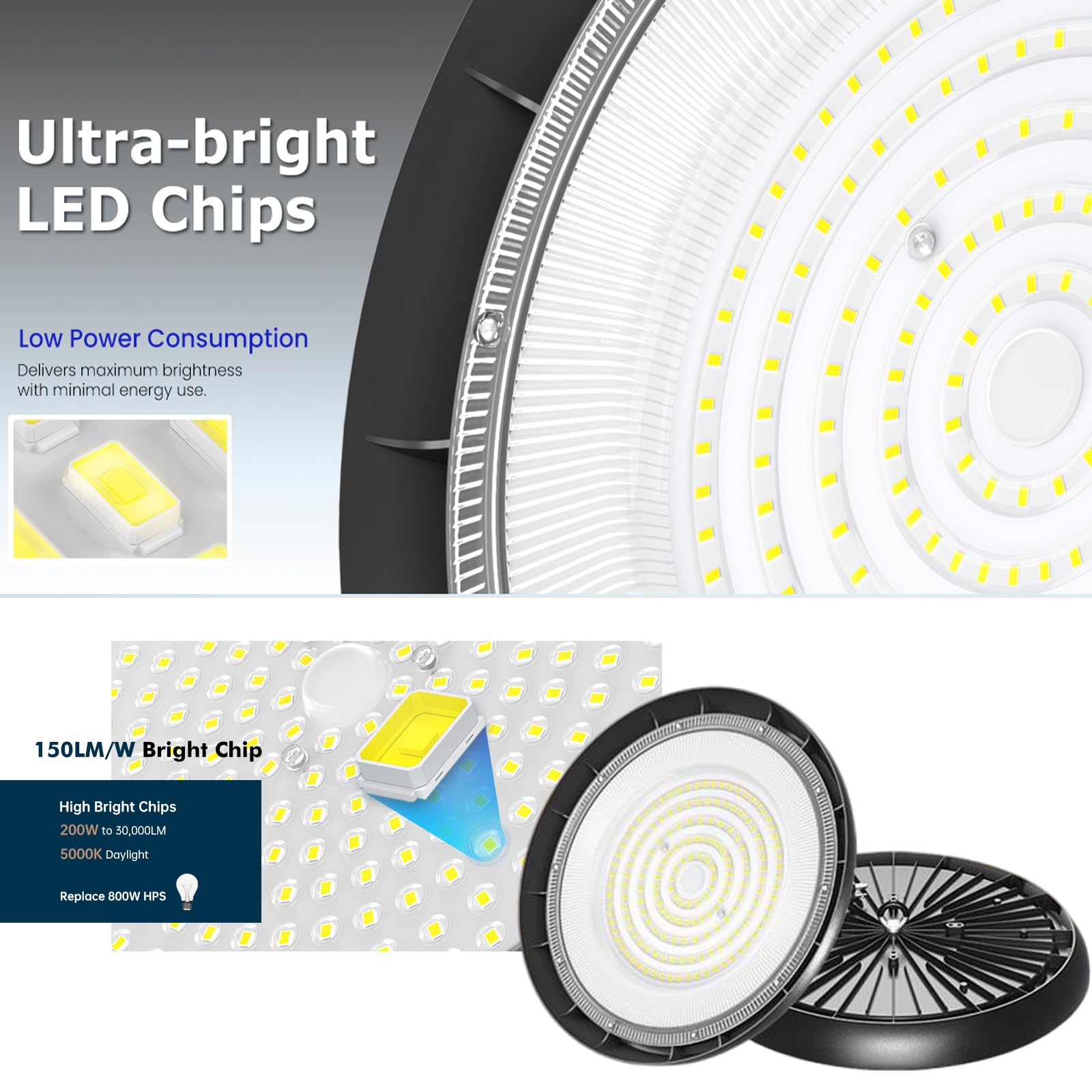 8Pack 200W UFO LED High Bay Light 30000lm 6000K Daylight 2000W Equivalent with 59inch US Plug Cable Garage — view 4