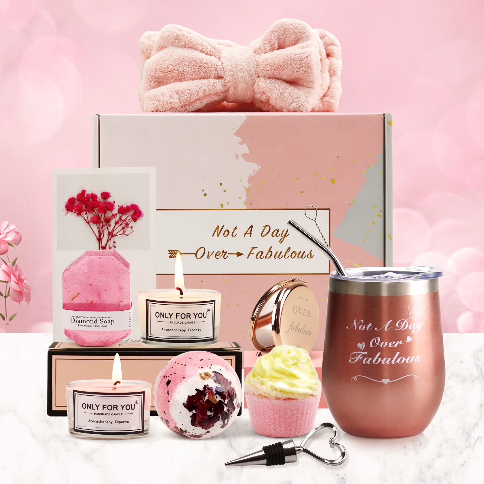 Birthday Gifts for Women, Happy Birthday Basket, Gifts for Mom, Unique Gift Box for Sister Grandmother Bestie Coworker Female- Thank You Gifts with Cup & Spa Gift Set (12pc)