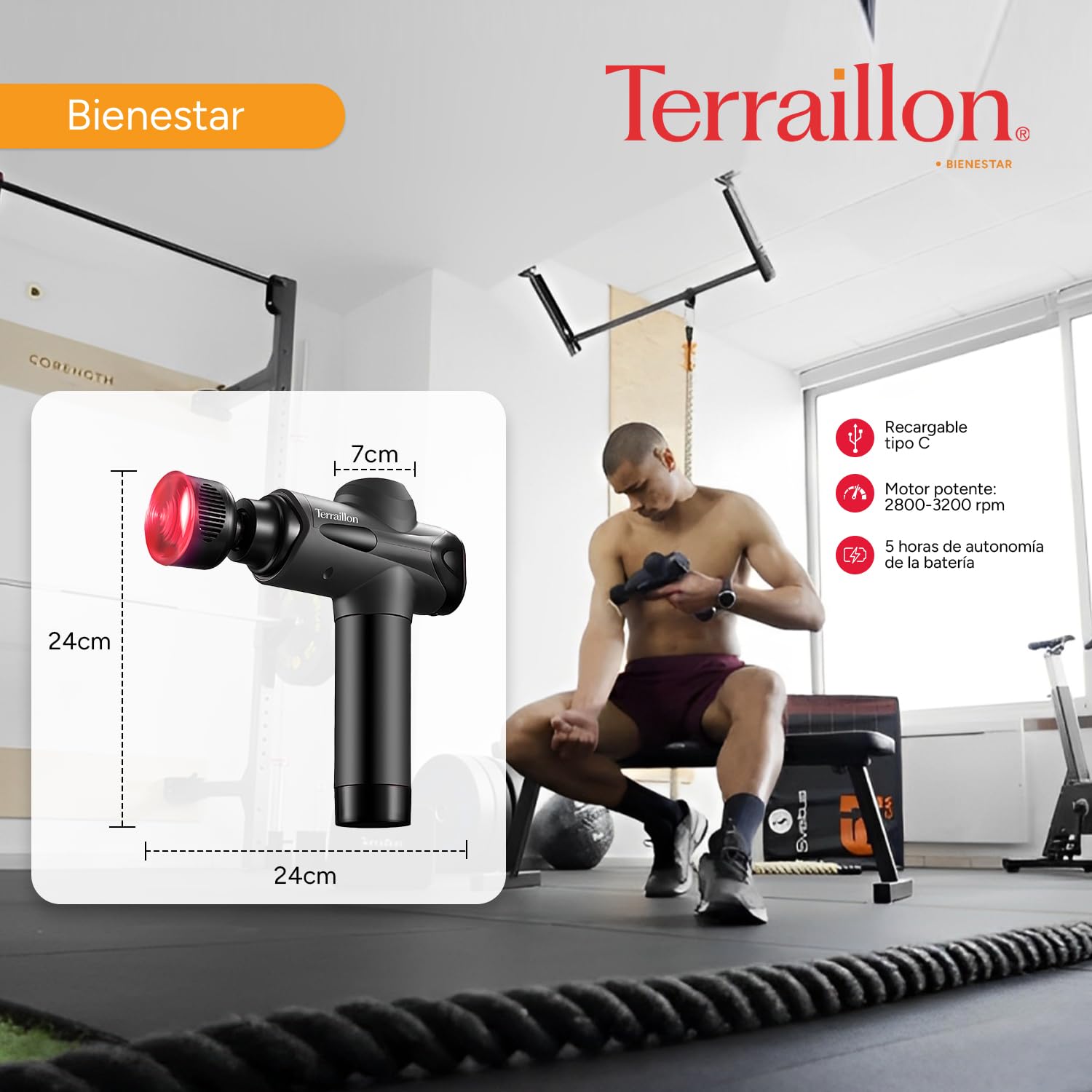 TERRAILLON GUN MASSAGER EXPERT - Pistola de masaje multizonas, 20 velocidades 2800-3200 RPM, pantalla digital, temporizador integrado, 5 puntas de silicona, 1 caliente-frío, USB-C, funda incluida