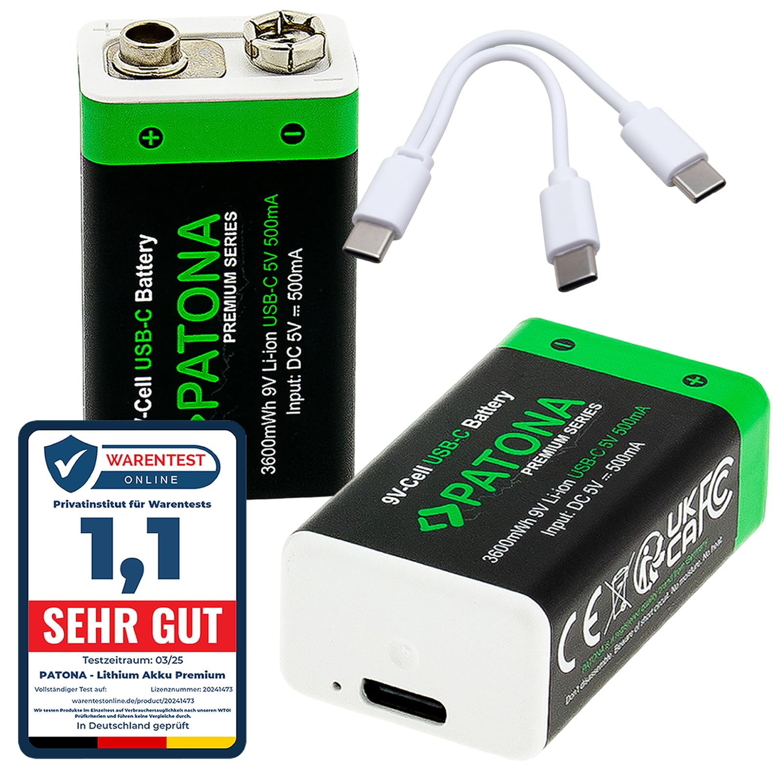 PATONA Lot de 2 Piles de détecteur de fumée USB-C 9 V / 3,6 Wh/Rechargeable Via USB-C (500 mA), câble de Charge USB-C avec 2 Ports - 1413