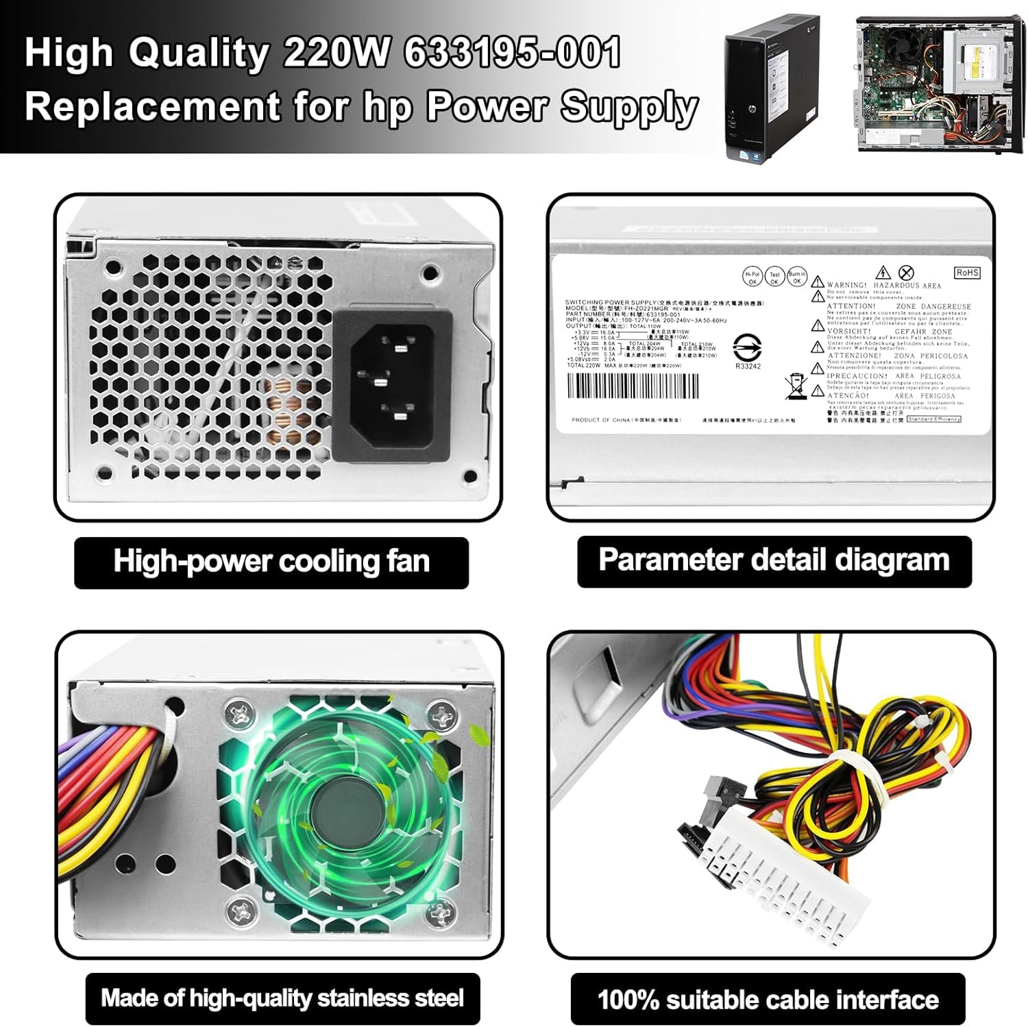HP 381025-001 220W power supply - 90132/180264VAC operational,  100127/200240VAC rated - With active power factor
