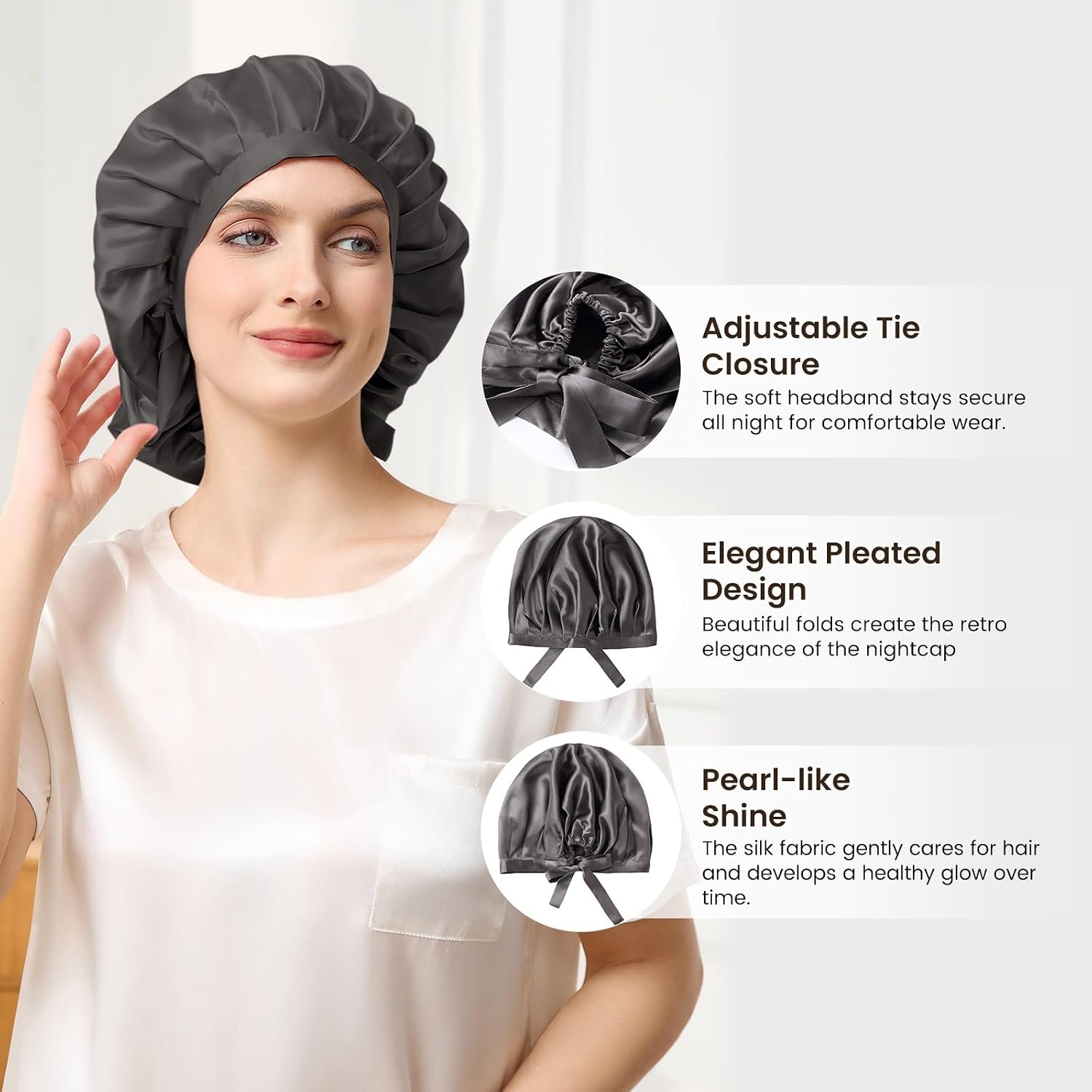 THXSILK 19 Momme Silk Bonnet for Sleeping, 100% Mulberry Silk Sleep Cap with Elastic Tie Band
