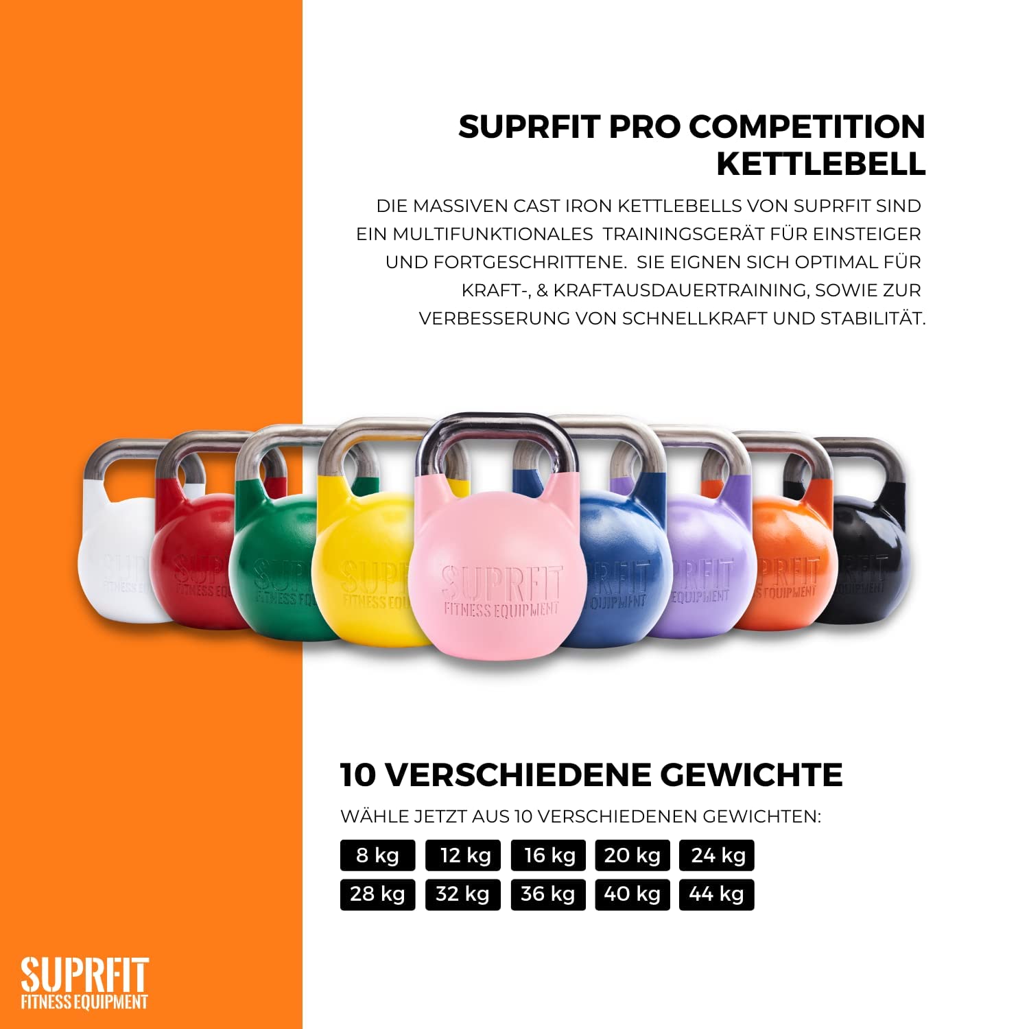 Suprfit - Pesi Kettlebell Pro Competition, da 8 – 32 kg | per sollevamento pesi, crossfit, bodybuilding | in qualità da studio professionale | in acciaio