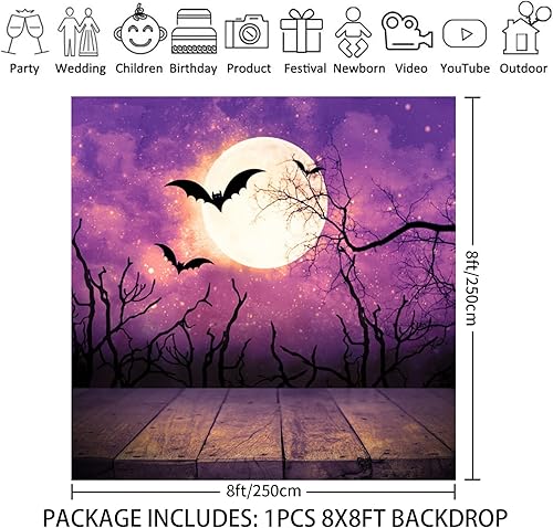 Miniatura 5 de Leowefowa Telón de fondo de fotografía de Halloween de 8 x 8 pies, cielo brumoso, árbol muerto, decoración de luna redonda, fondo para fiesta de
