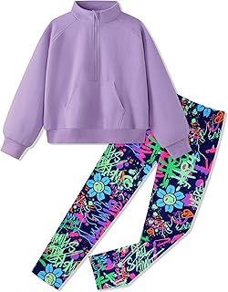 Athleisure Girls 2-Piece Outfit: Half Zip Sweatshirt Top & Full Print Tight Pants (Sizes 6-14)