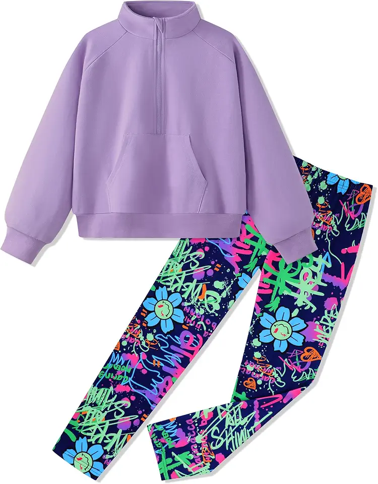 Jrbybazy Girls Clothes Half Zip Sweatshirt Top and Full Print Tight Pants 2 Piece Outfit for Kids 6-14