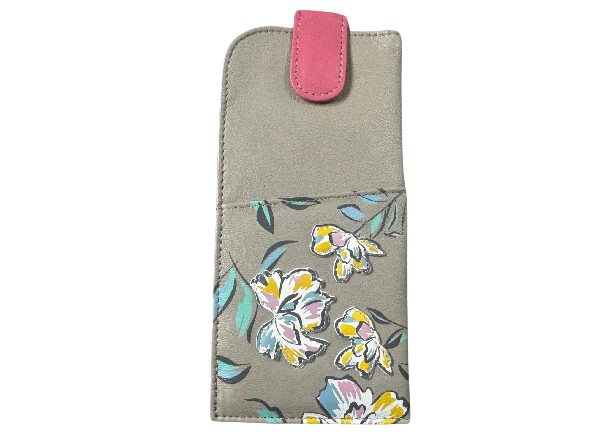 Mala Leather Grey Zinnia Glasses Case - Wide Fitting Floral Flowers Leather Tab Top Glasses Case (Grey)