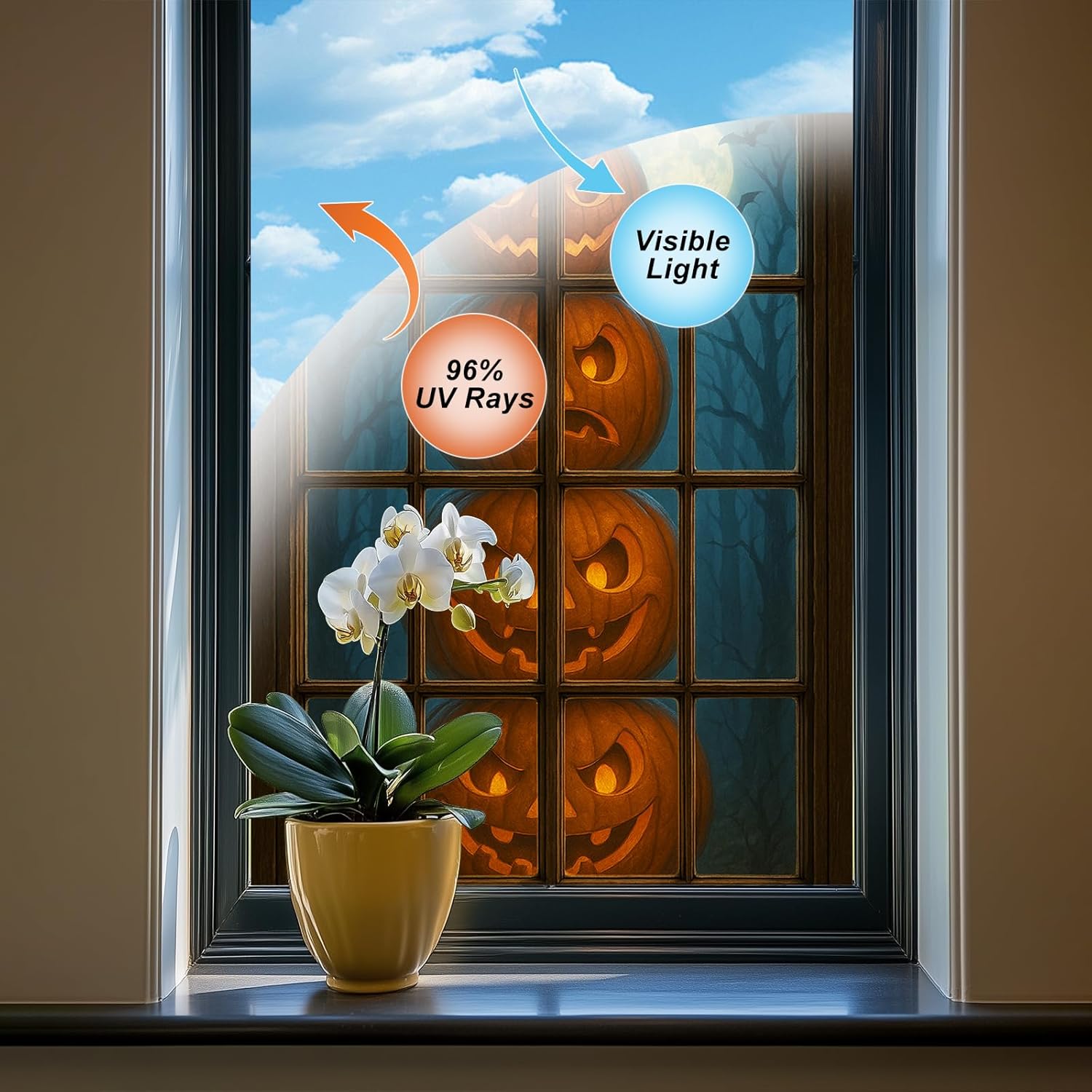 HOMETITUTE Halloween Window Film 31x47 Inch Pumpkin Stack Spooky Forest Decorative Window Sticker with Full Moon Bats Scene Windows Film for Halloween Glass Door Haunted House Party Decor