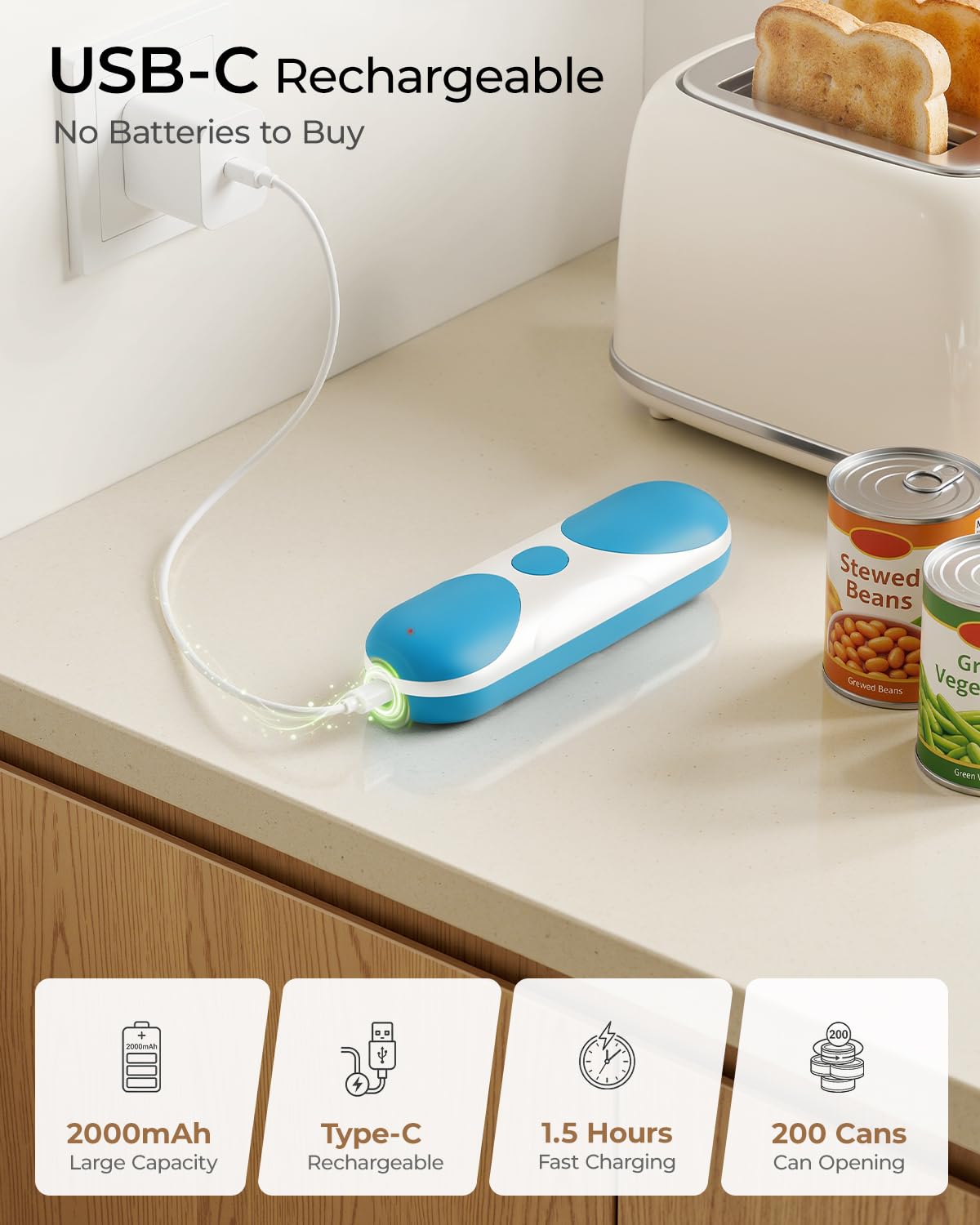 Abrelatas eléctrico recargable para cocina para personas mayores con artritis, funciona con pilas automáticas, corte lateral, borde liso, manos libres, para latas pequeñas o grandes