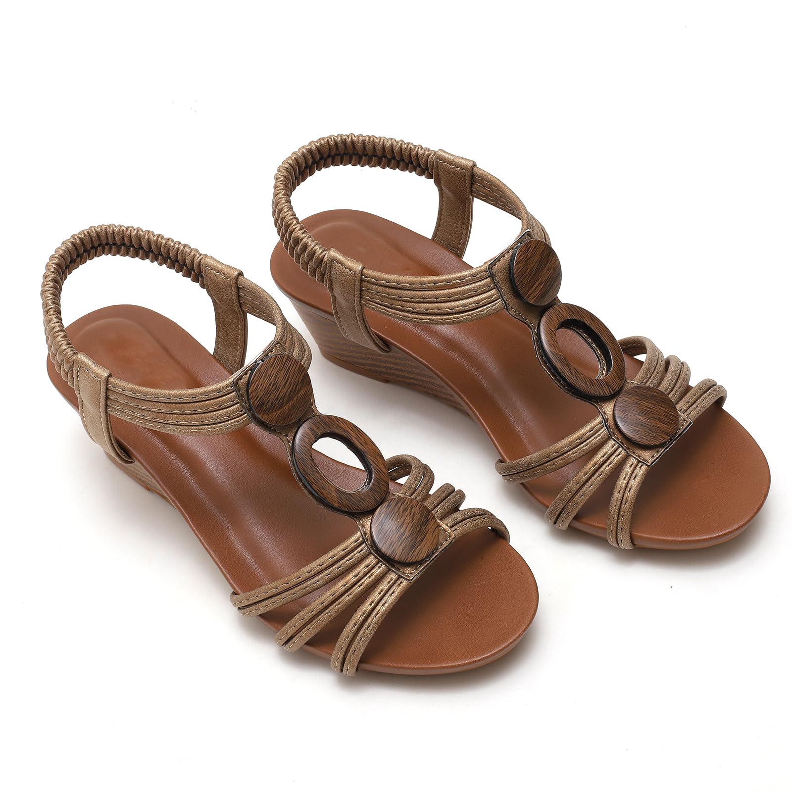 Sandali Zeppa Donna T Strap Punta Aperta Cavigliera Elastica Dettaglio Perline Tacco 5cm Effetto Legno Leggeri Comodi Estivi
