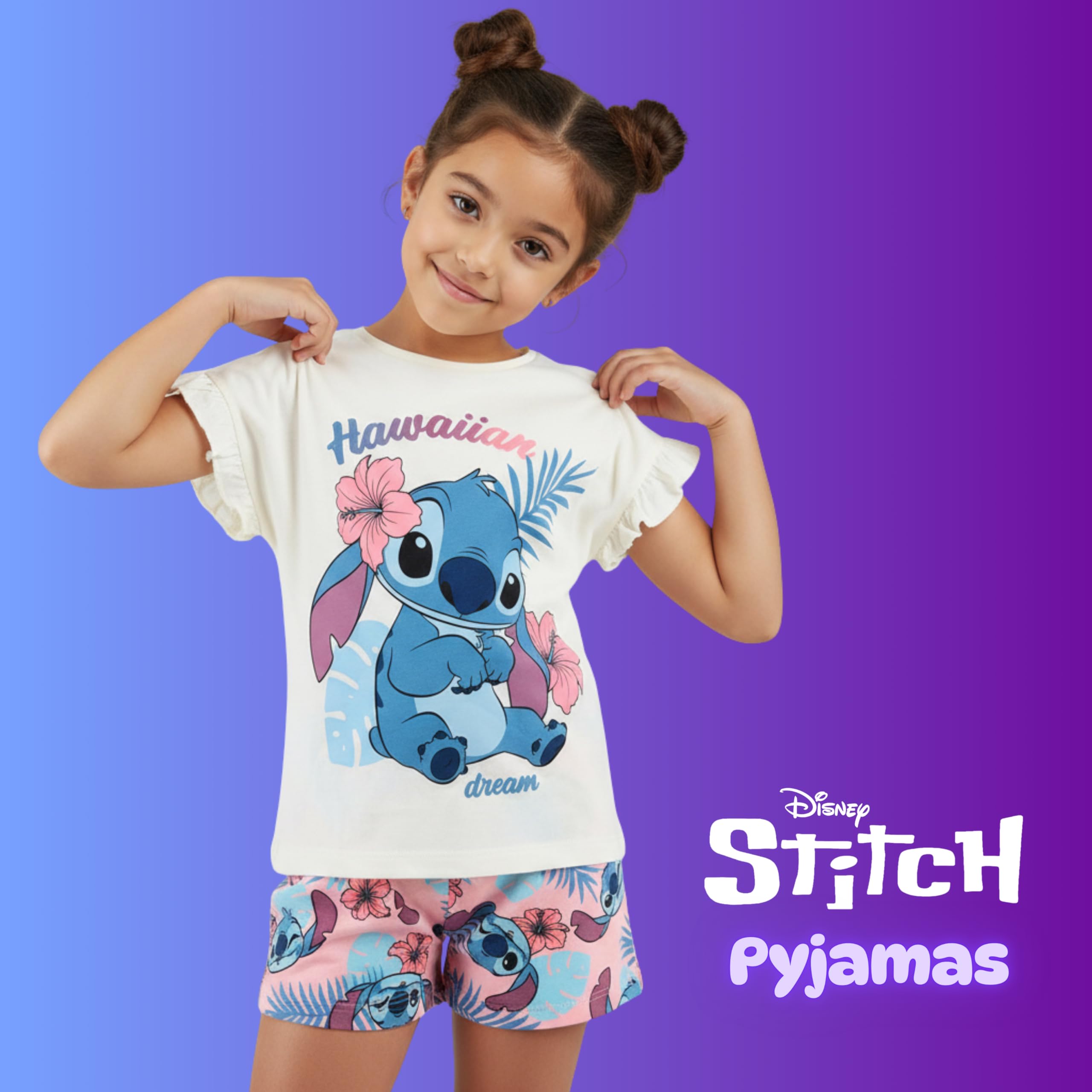 Disney Stitch Pijamas para Niña, 'Hawaiian Dream' Camiseta Manga Corta y Pantalon Corto Algodon, Tallas 3 a 8 Años