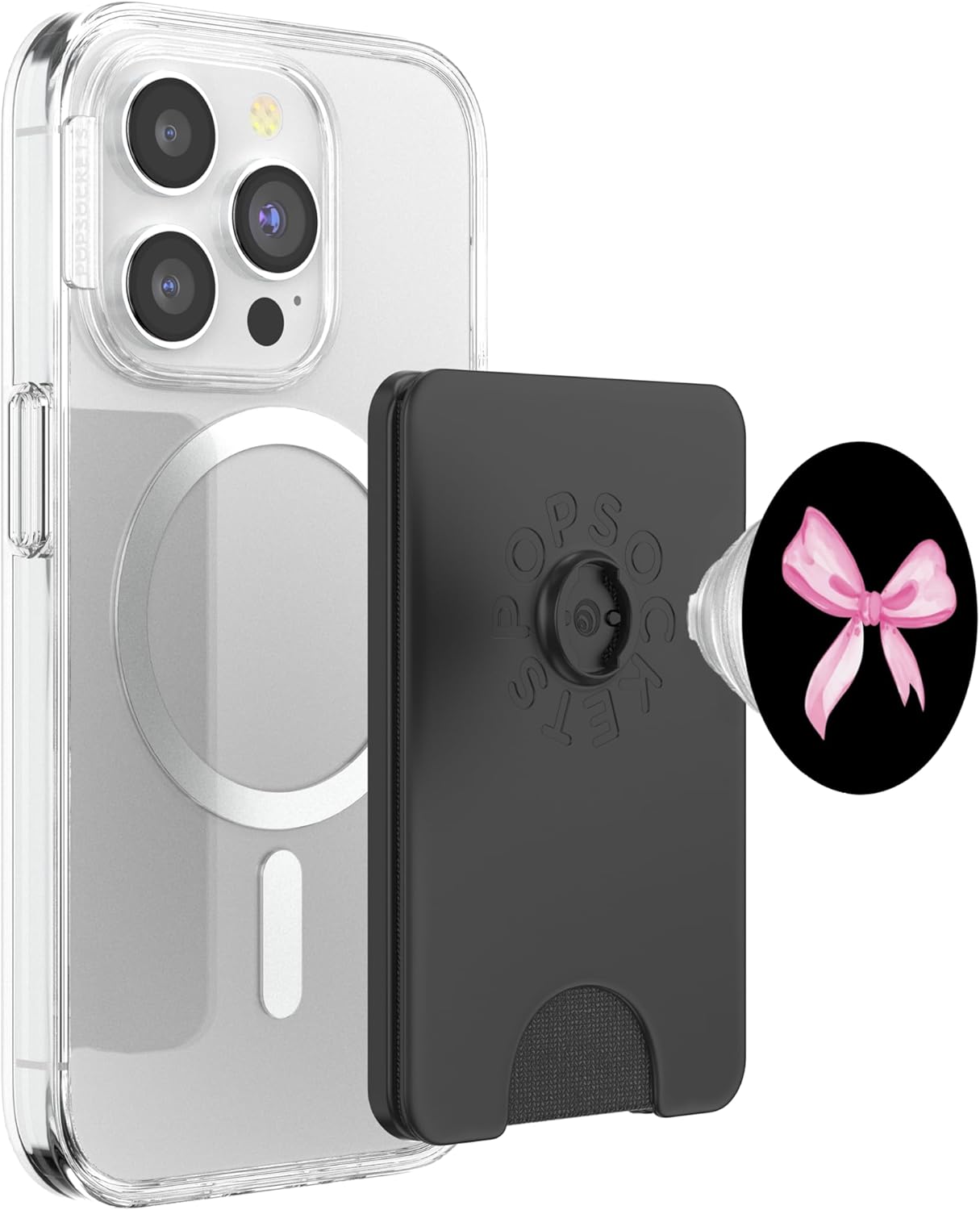Aesthetic Pink Bow in Watercolor on Black PopSockets PopWallet for MagSafe