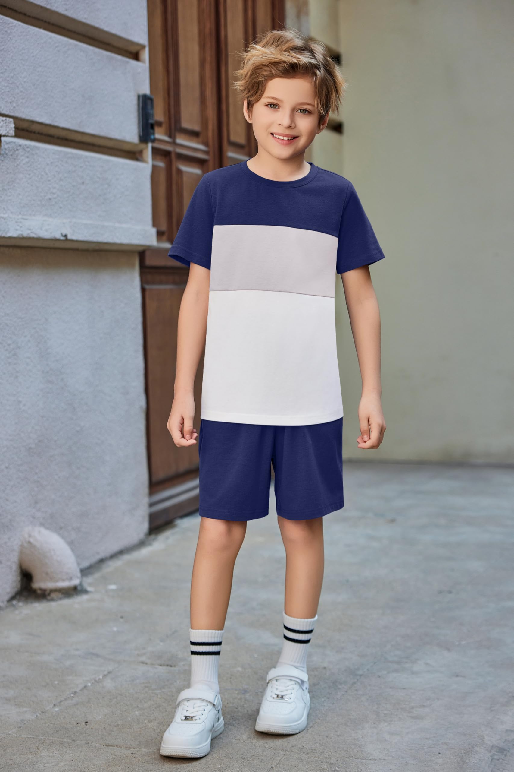 Arshiner Ensemble t-shirt d'été court pour garçon - Tenue de loisirs - Bloc de couleurs - Ensemble de vêtements tendance pour garçons de 6 à 14 ans