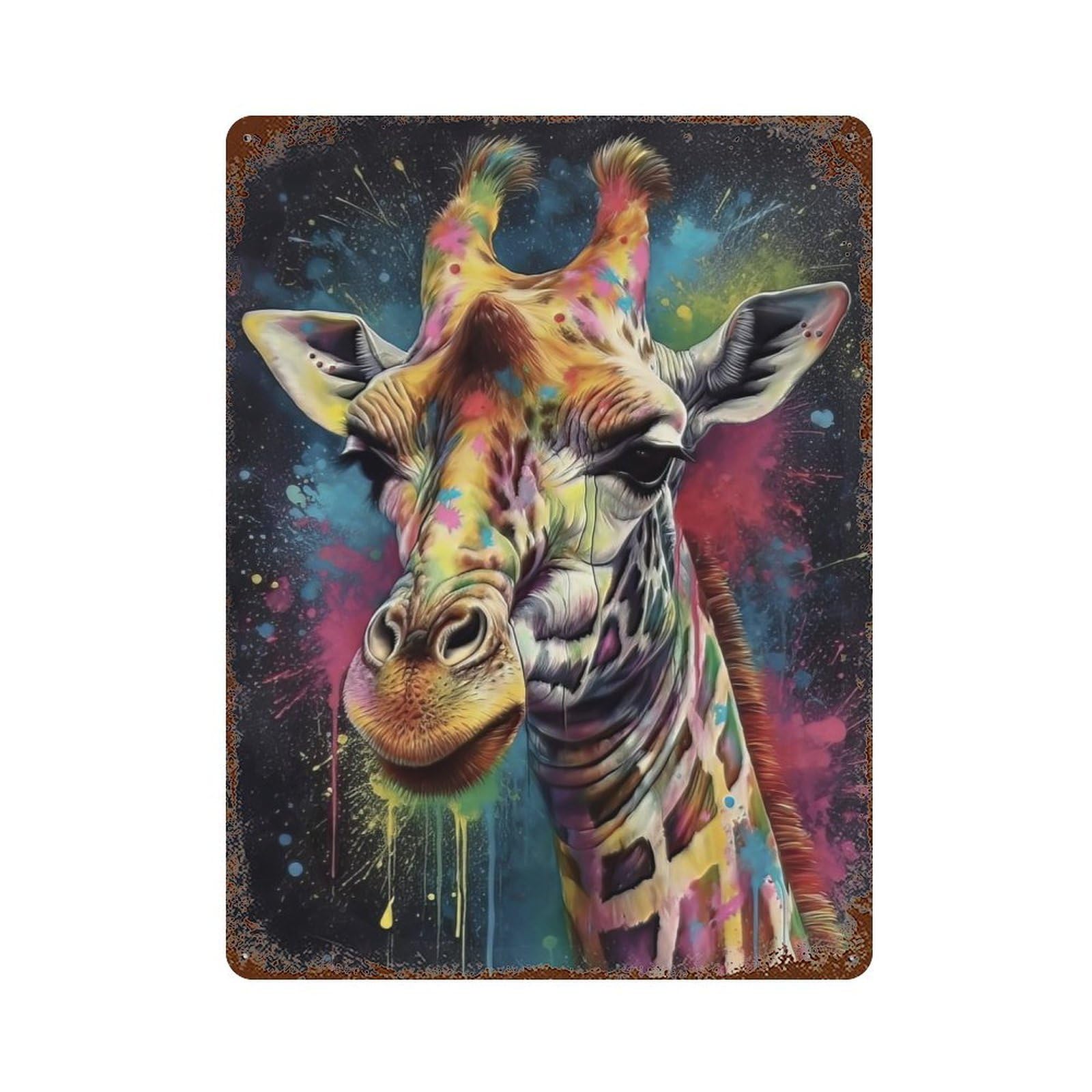 Giraffe Painting Vintage Wall Sign 15.7"x11.8", Rust Effect Metal Decor for Farmhouse, Kitchen And Entryway Decor