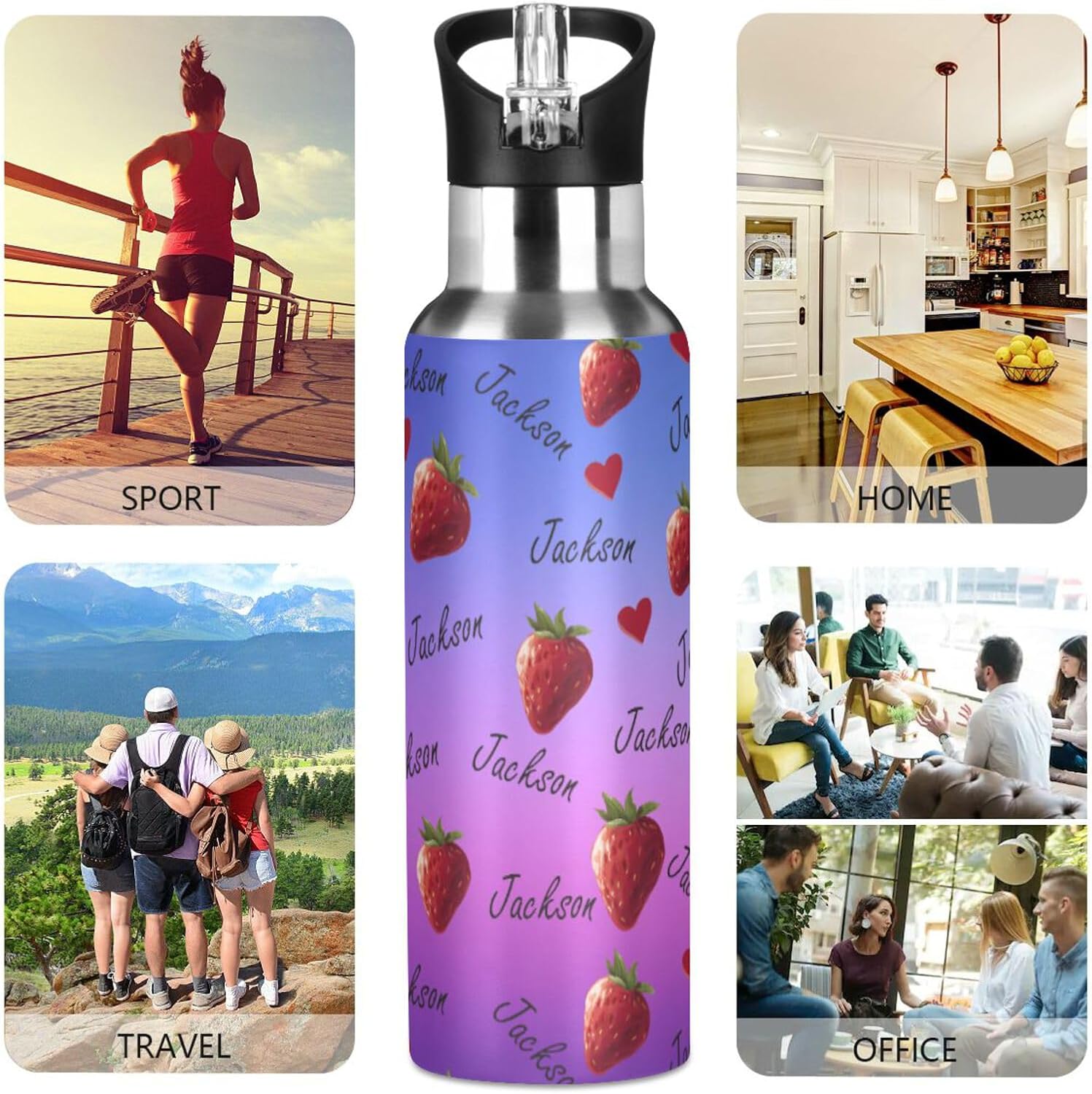 Purple Gradient Water Bottle with Straw Lid Double Wall Strawberry Custom Bottle Vacuum Insulated Flask Stainless Steel Water Bottle for Gym Outdoor 20 OZ - Image 5