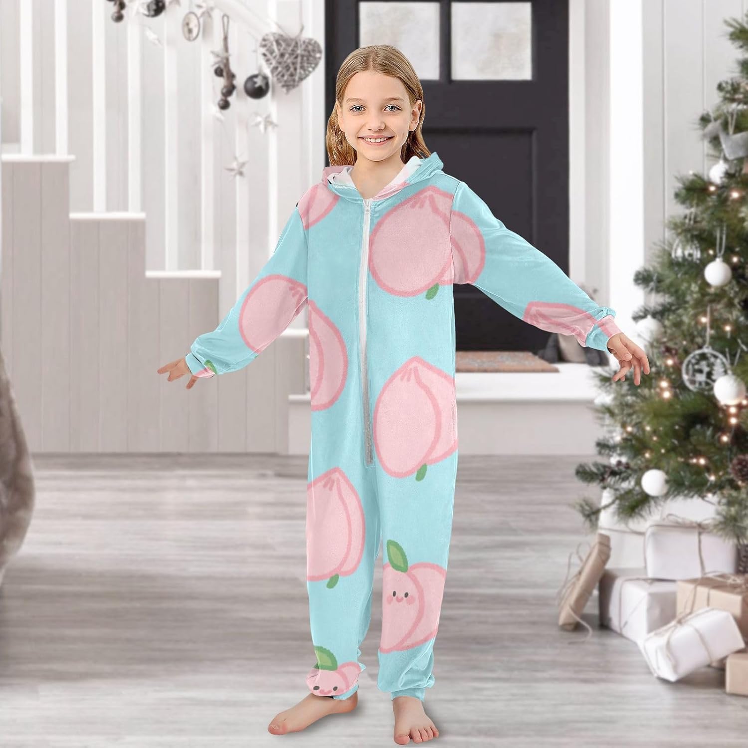 Cartoon Peach Blue Soft Cozy Sleepwear Holiday Pajamas Hooded Sleepwear Holiday Loungewear Parties Sleepovers