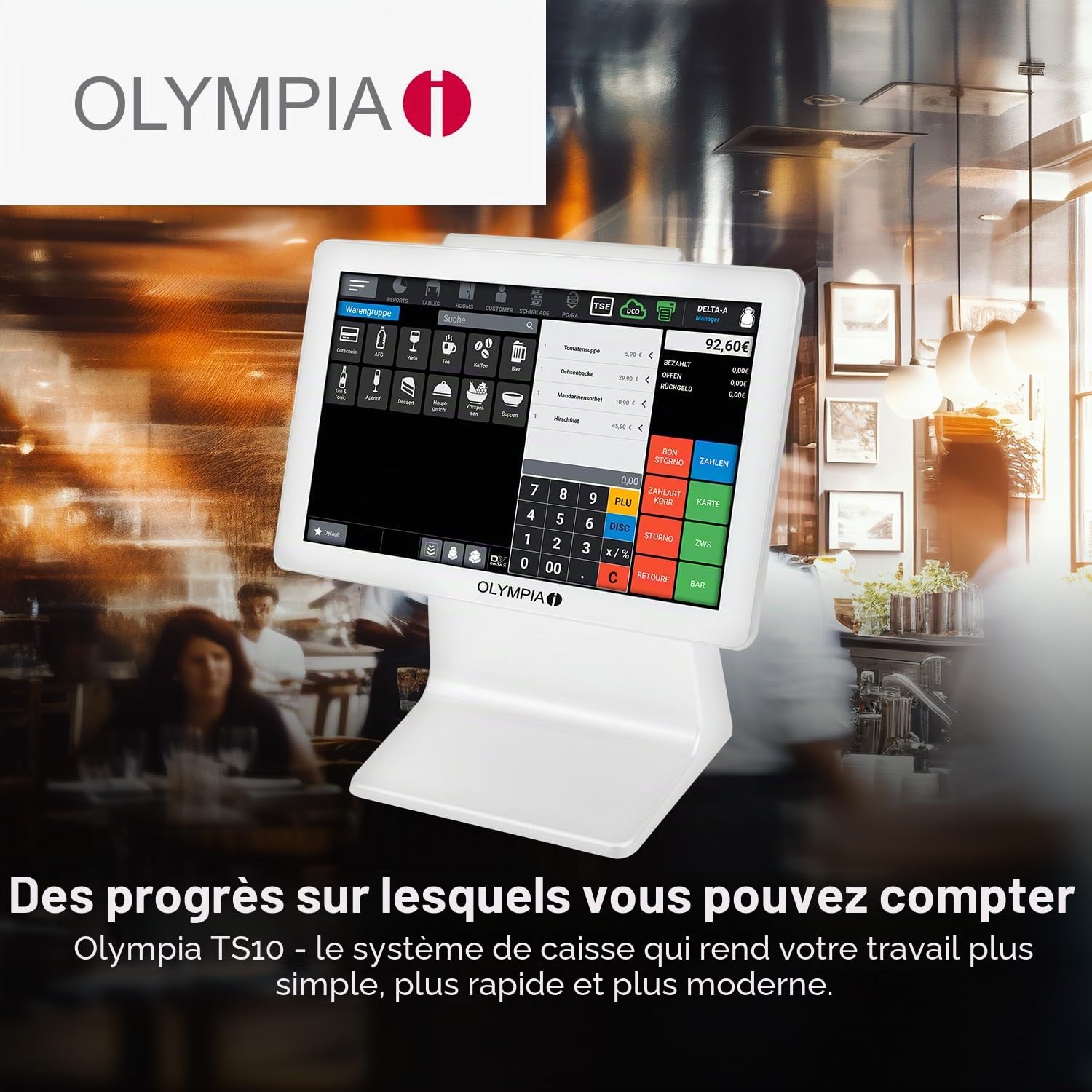 Olympia TS10 Système de caisse à écran tactile pour restauration et vente au détail | Caisse Android avec scanner et affichage client | Caisse enregistreuse avec écran de 10,1" (blanc)