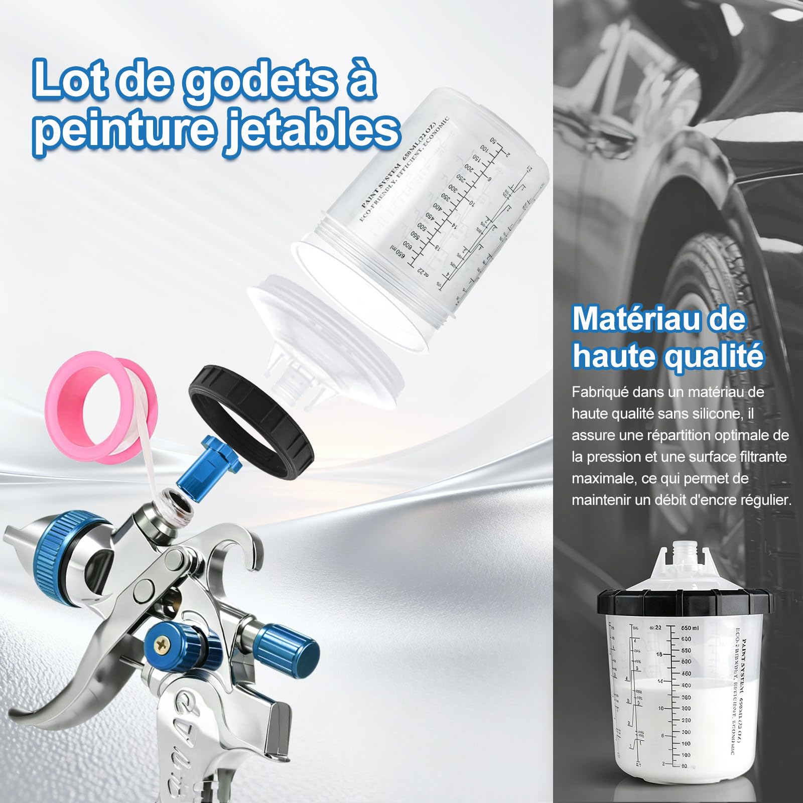 Pistolet à Peinture HVLP à gravité, 3 Buses 1,4/1,7/2,0mm, 10 Godets 650ml
