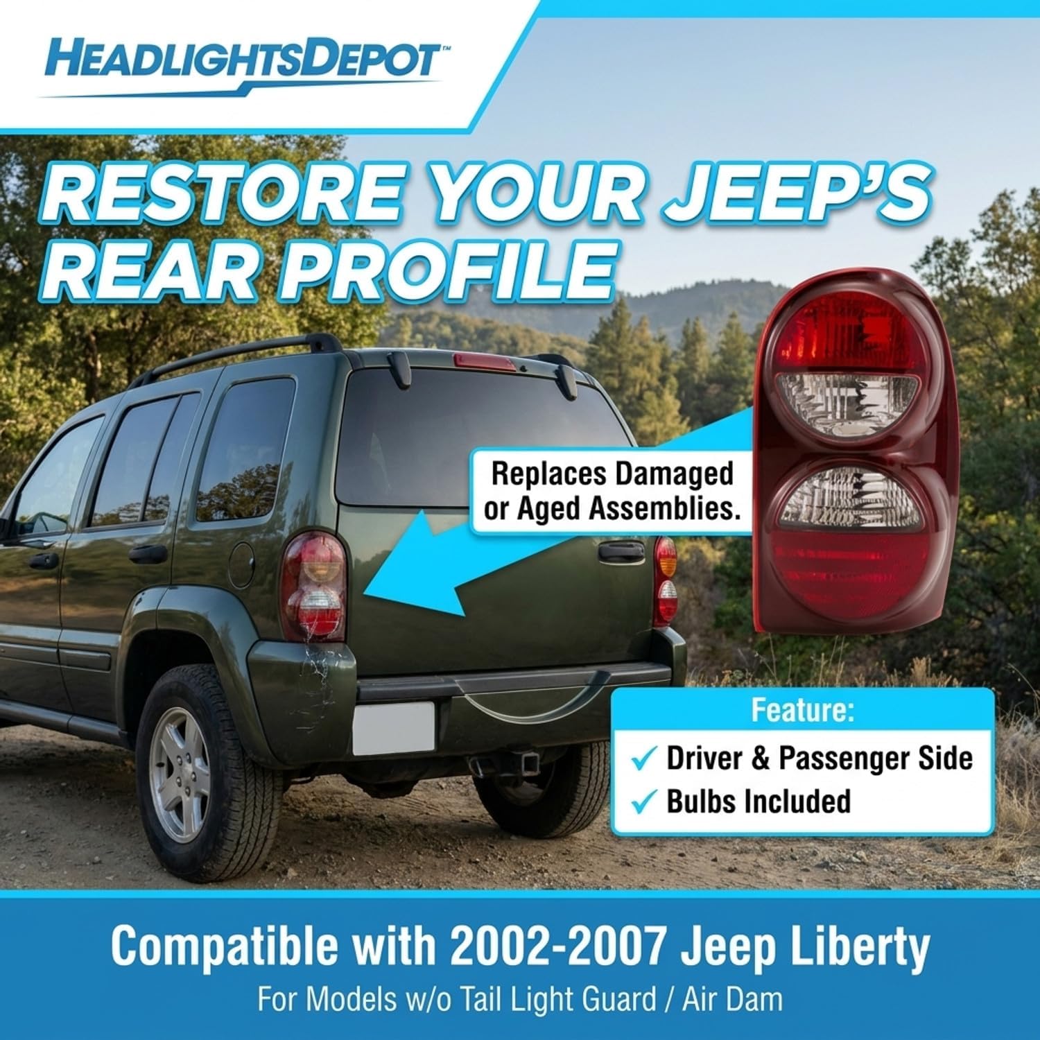 HEADLIGHTSDEPOT Tail Lights Set Compatible With Jeep Liberty 2005-2007 Driver Left Passenger Right Pair