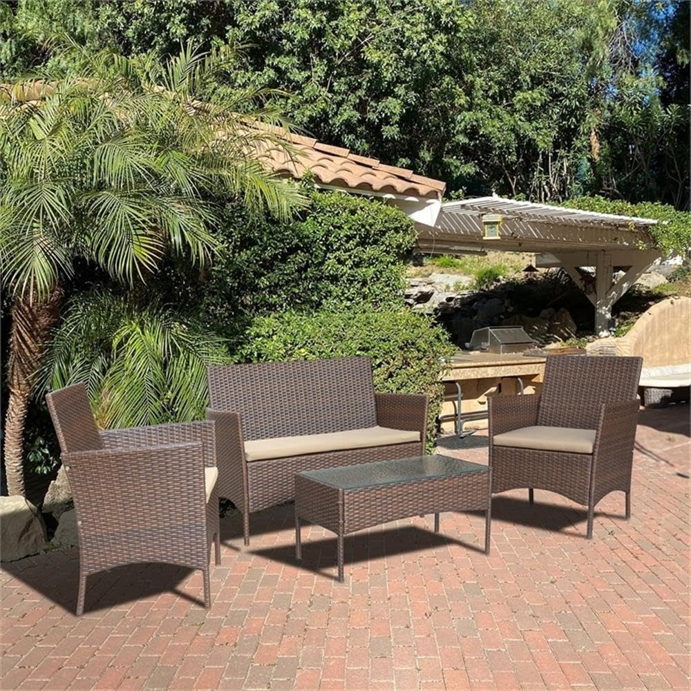 Jeco Conor 4PC Steel Esprsso Resin Wicker Patio Conversation Set with Tan Cushion